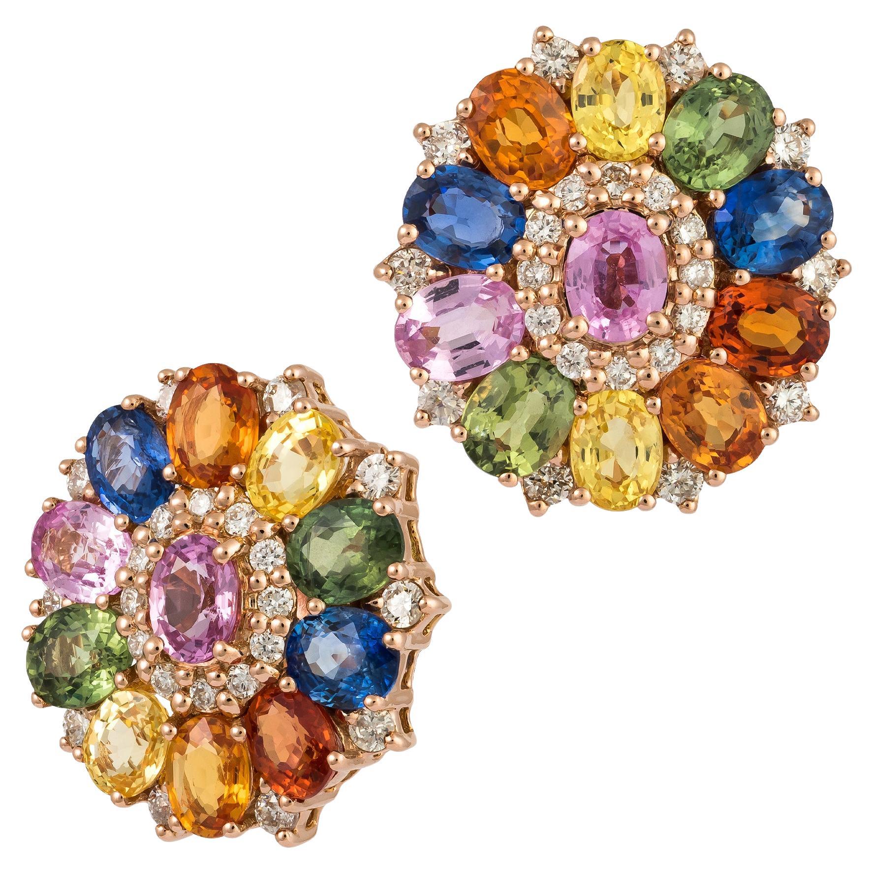 Stunning Multi Sapphire Pink Gold 18K Earrings Diamond For Her