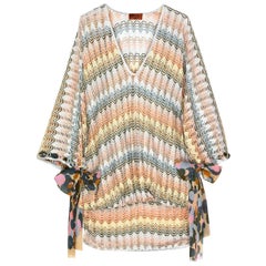 Stunning Multicolor Missoni Silver Metallic Crochet Knit Kaftan Tunic Mini Dress