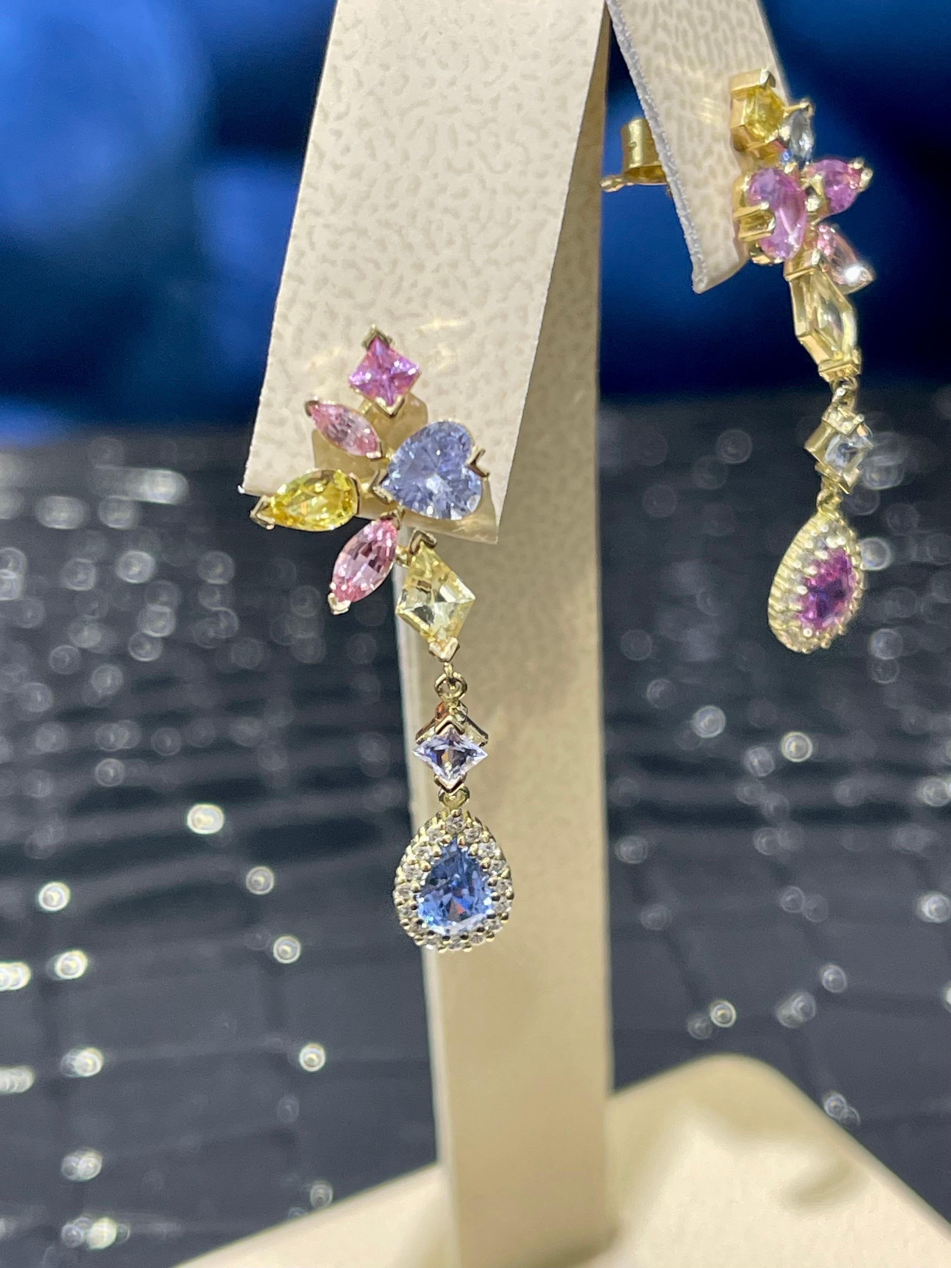 Pear Cut Stunning multicolored Sapphires & Diamond earrings in 18k  For Sale