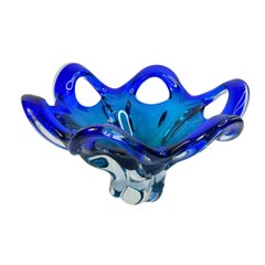 Stunning Murano Art Glass Bowl Catchall Blue and Clear, Vintage, Italy, 1970s