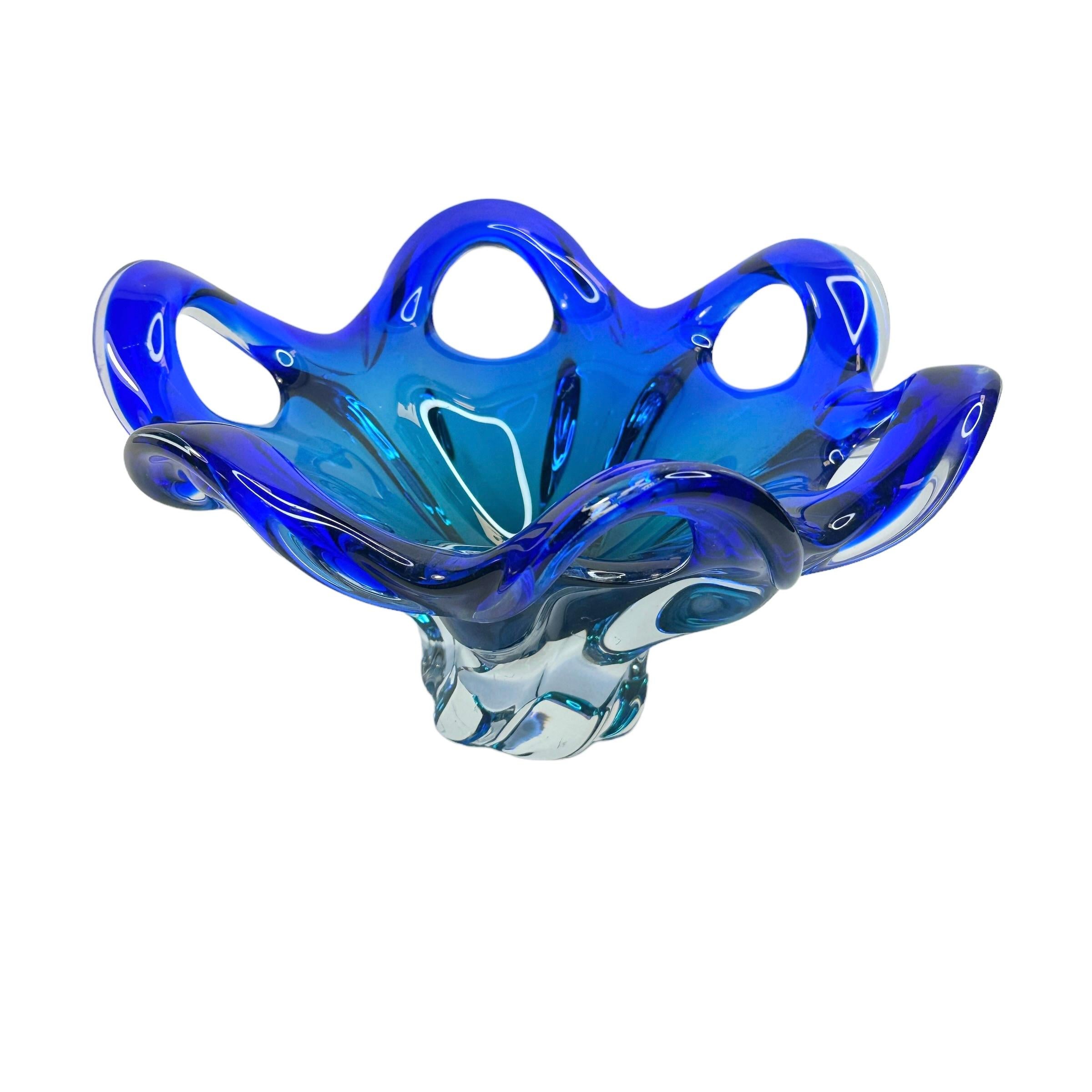 Late 20th Century Stunning Murano Art Glass Bowl Catchall Blue and Clear, Vintage, Italy, 1970s For Sale