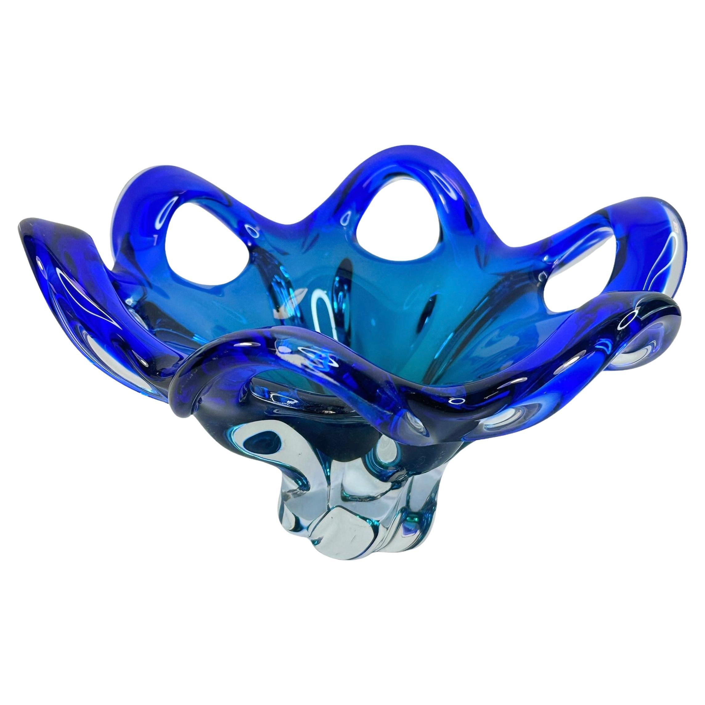 Stunning Murano Art Glass Bowl Catchall Blue and Clear, Vintage, Italy, 1970s For Sale
