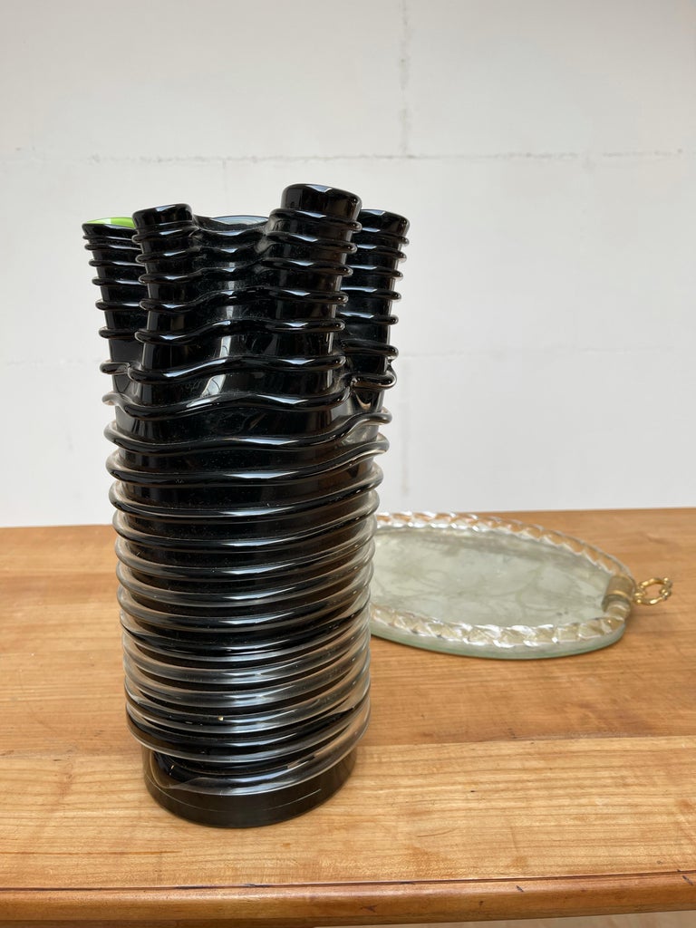 Mid-Century Modern Mint Condition Murano Barovier Black & Green Mount Blown Glass Art Vase  For Sale