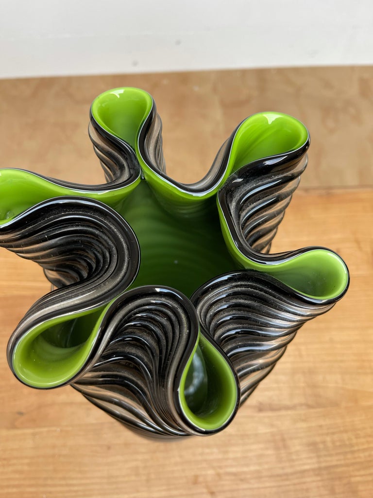 Murano Glass Mint Condition Murano Barovier Black & Green Mount Blown Glass Art Vase  For Sale