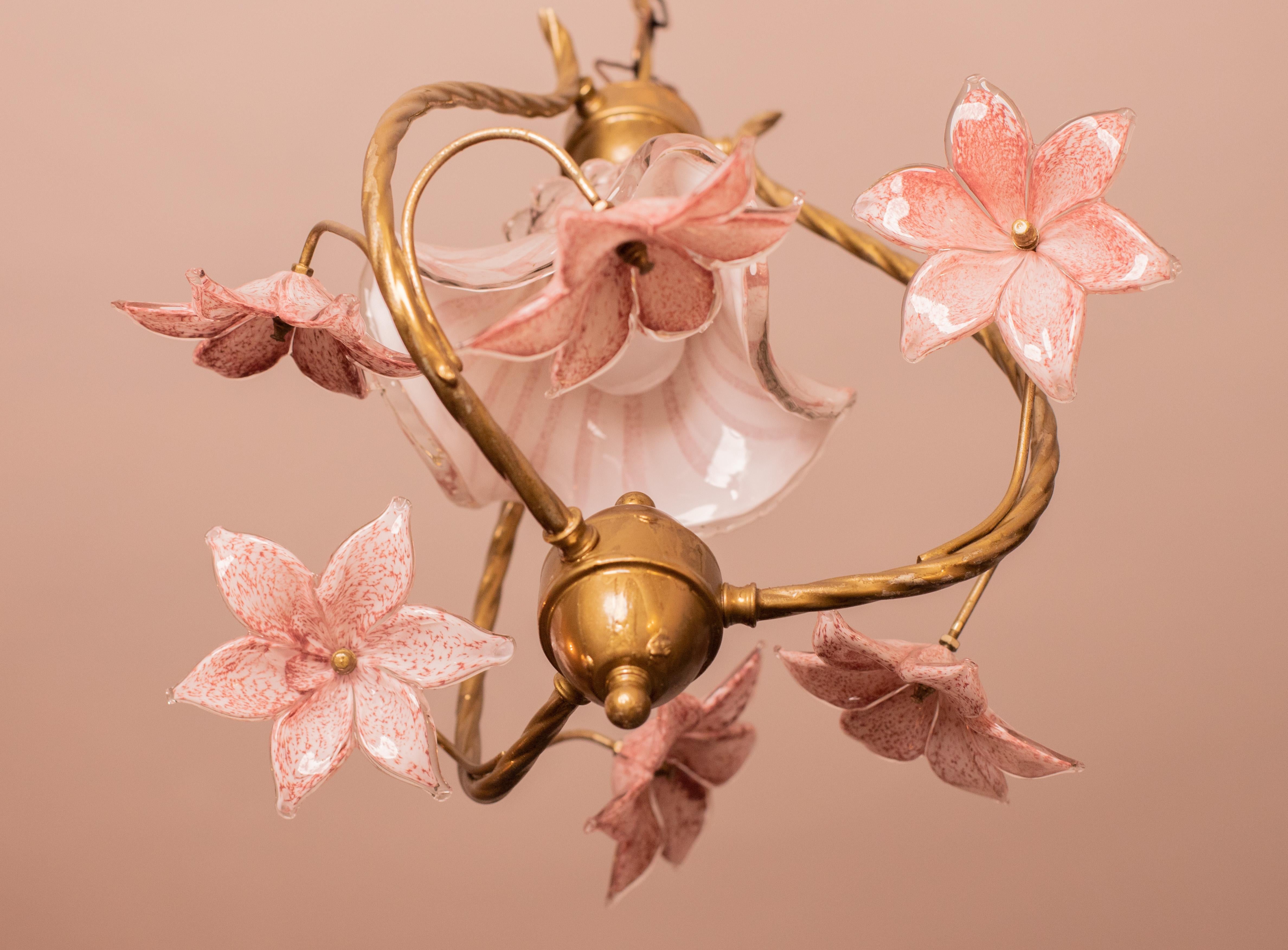 Art Glass Stunning Murano Chandelier with Pink Flowers, 1980s