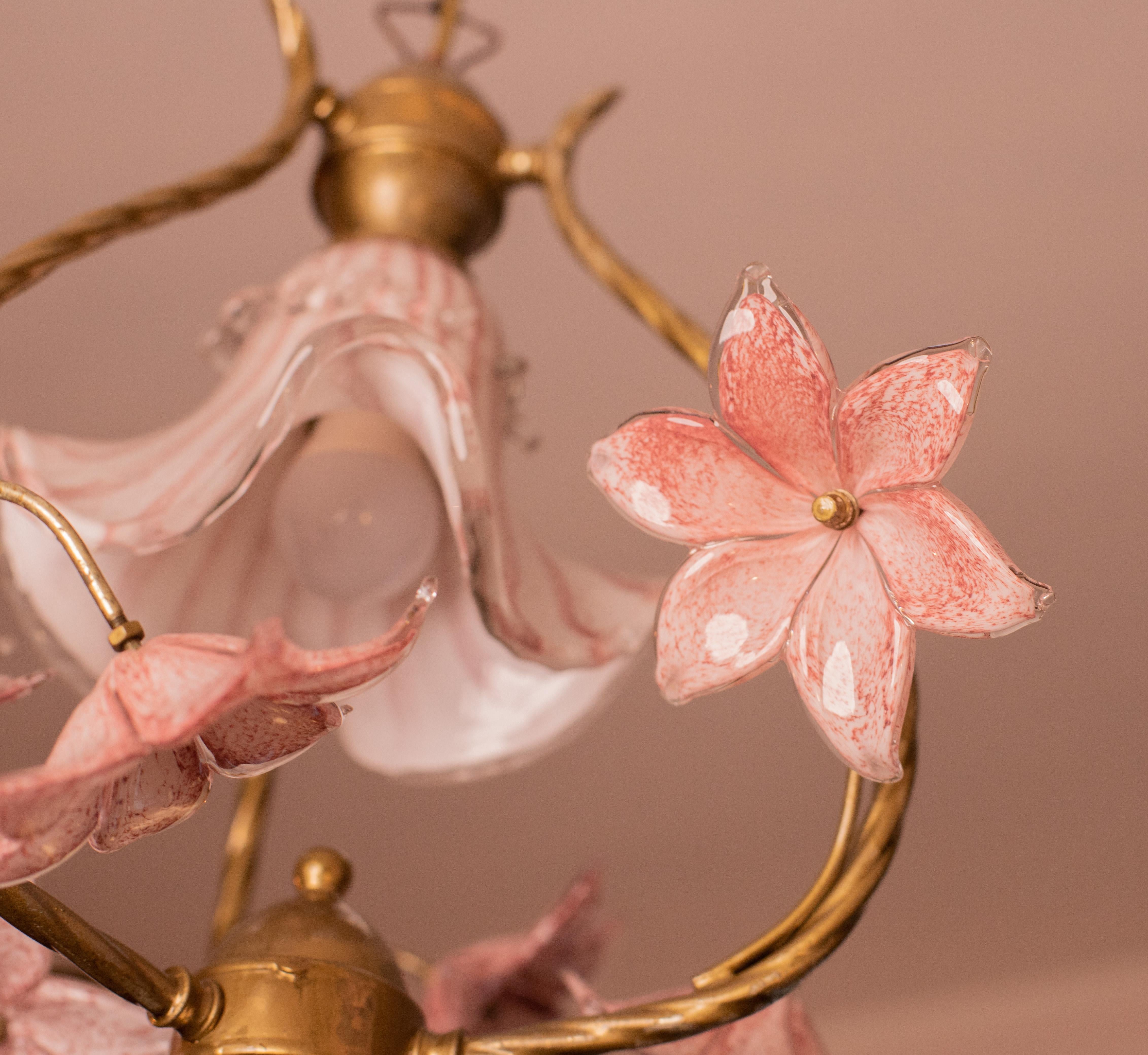 Stunning Murano Chandelier with Pink Flowers, 1980s 1