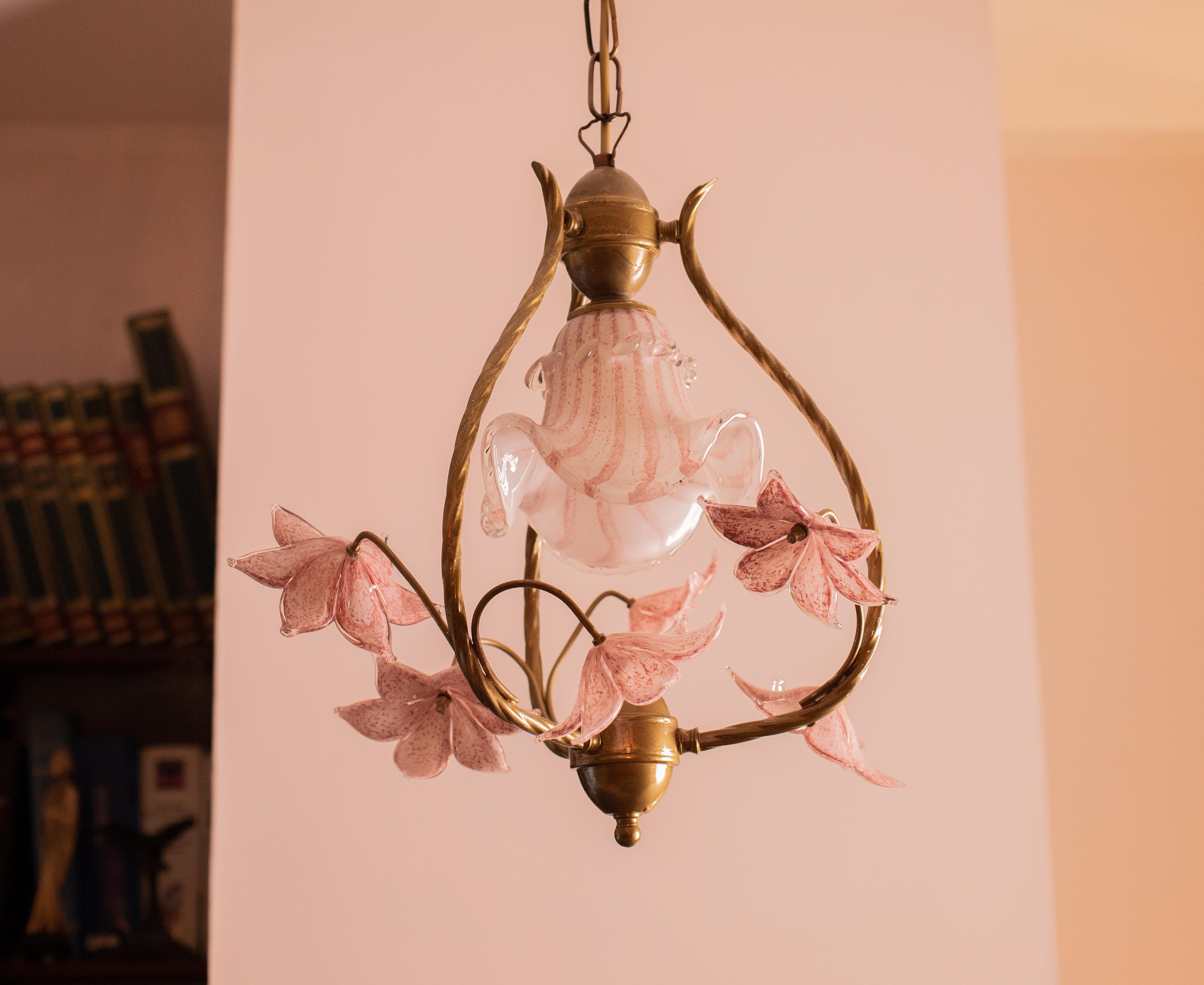 Stunning Murano Chandelier with Pink Flowers, 1980s 2