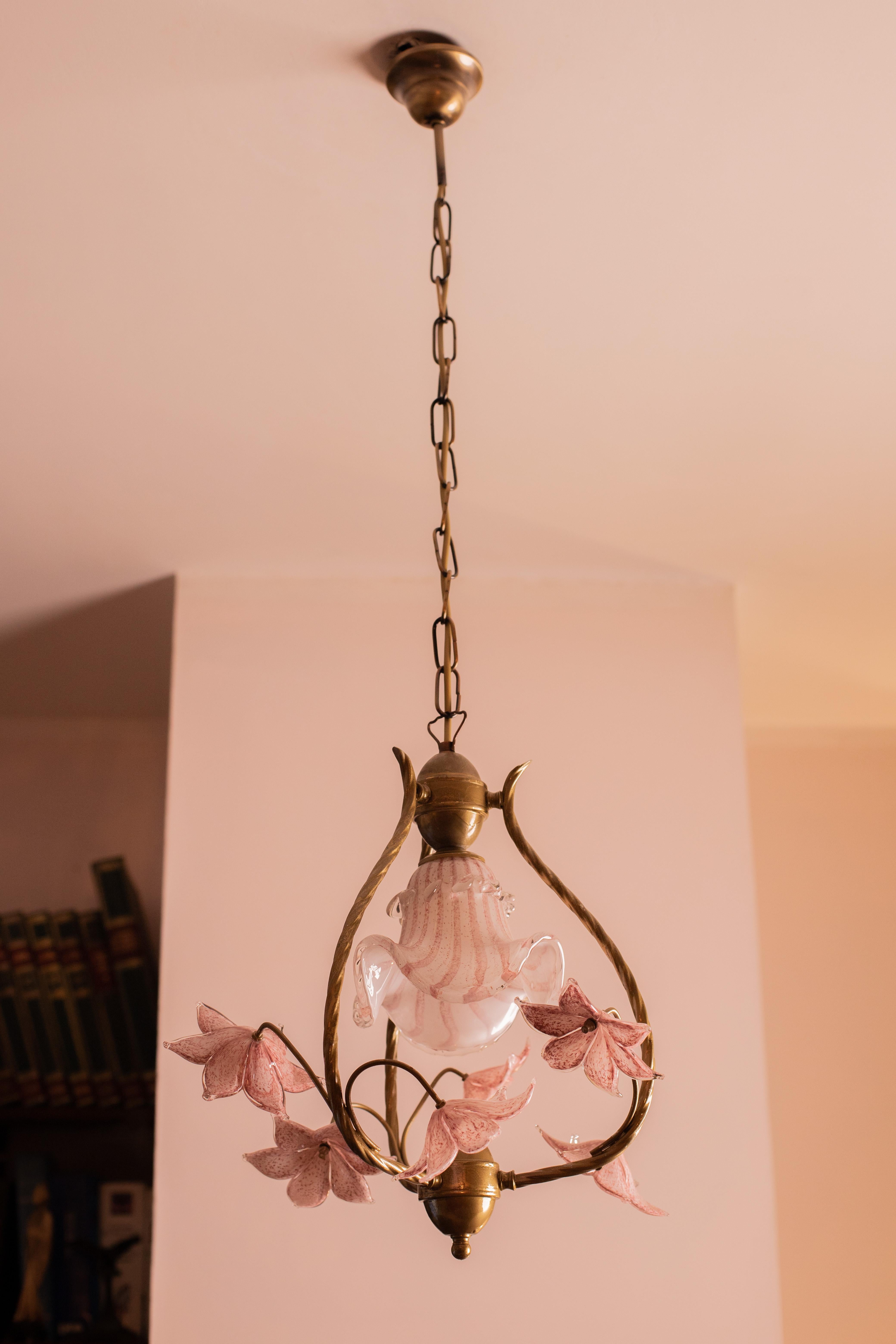 Stunning Murano Chandelier with Pink Flowers, 1980s 3