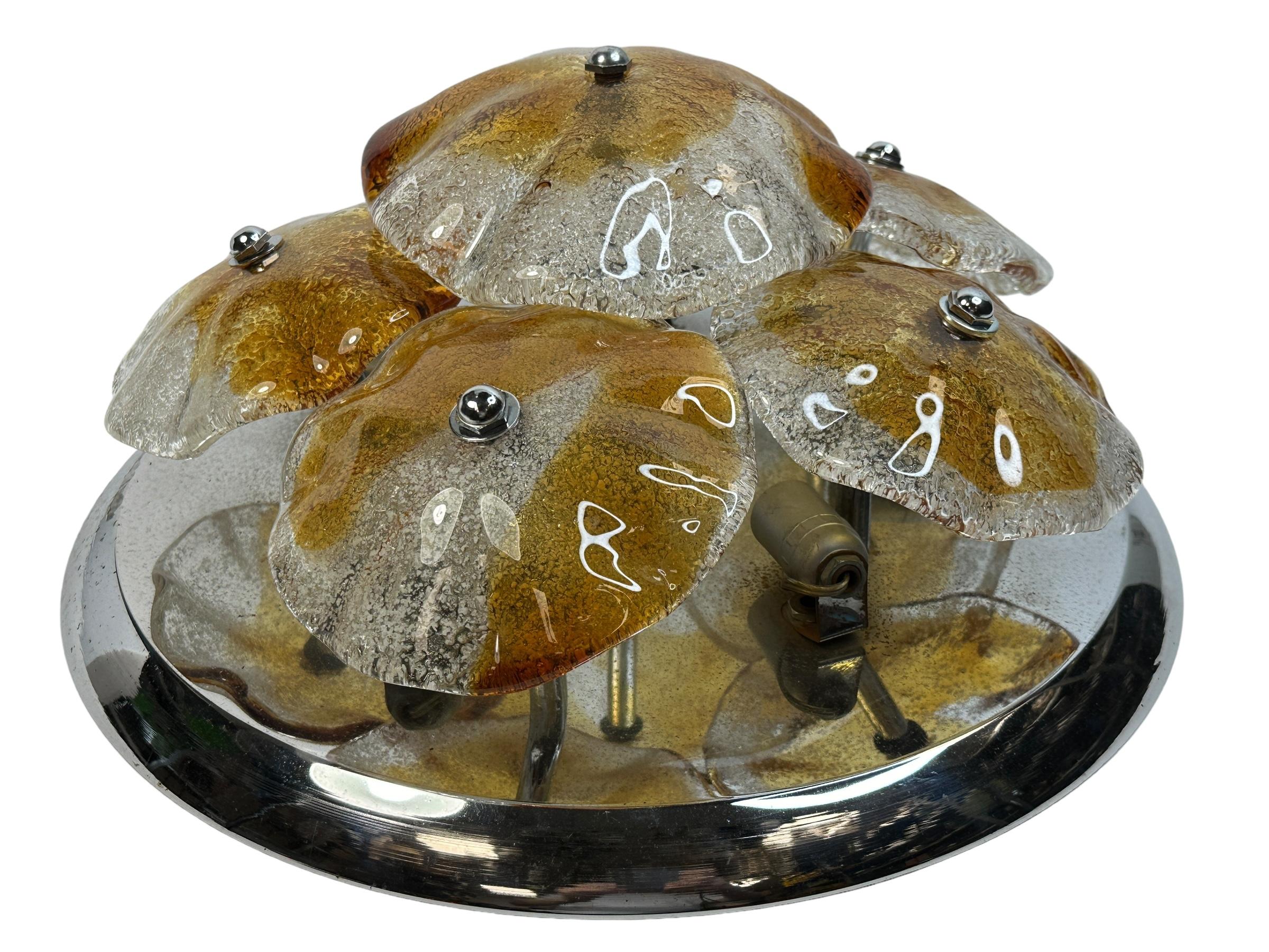 A large midcentury flush mounted Murano disc glass chandelier, textured curved glasses on a large mounting chrome plate. The ceiling light requires 5 European E14 / 110 Volt Candelabra bulbs, each bulb up to 40 watts. It is in very good condition