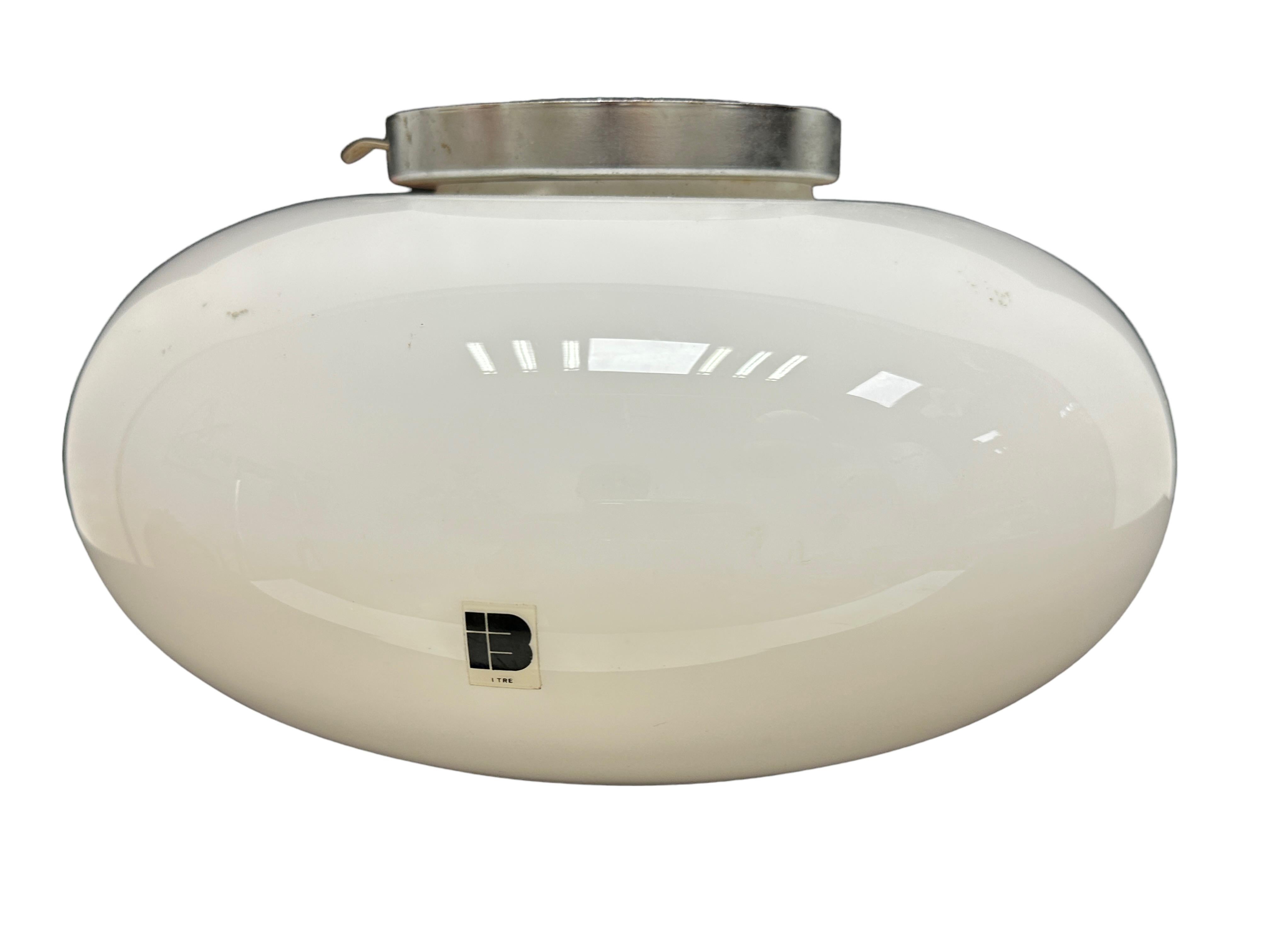 Late 20th Century Stunning Murano Flush Mount Light Milk Glass, Nickel Aluminum Base, 1980s, Italy For Sale