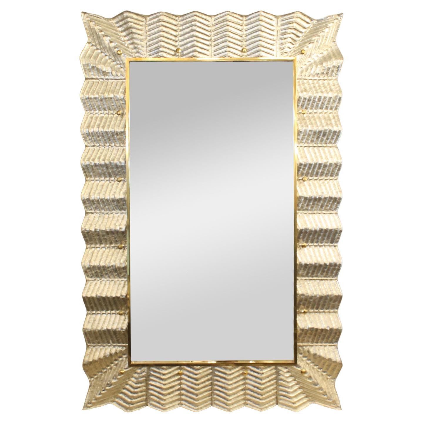 Superbe miroir en verre de Murano et feuilles d'argent en vente