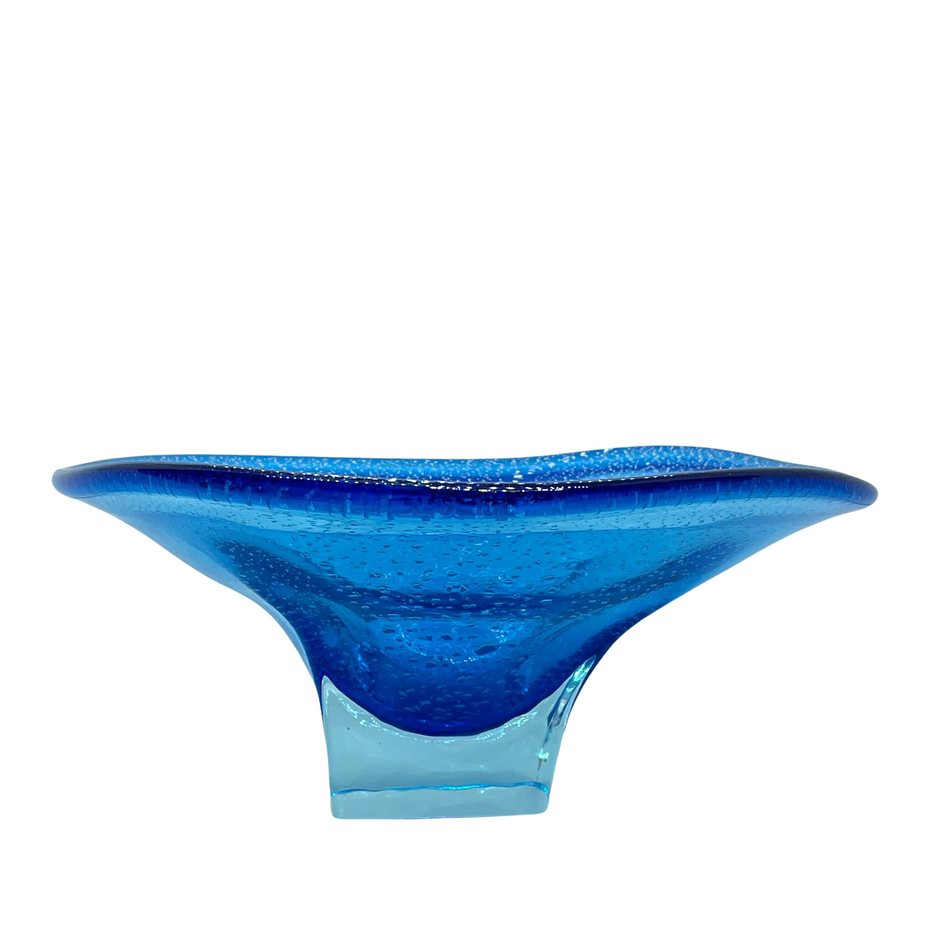 Late 20th Century Stunning Murano Glass Bowl Catchall Blue and Clear, Vintage, Italy, 1980s For Sale