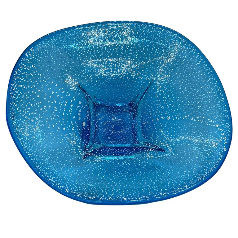 Art Glass Stunning Murano Glass Bowl Catchall Blue and Clear, Vintage, Italy, 1980s For Sale