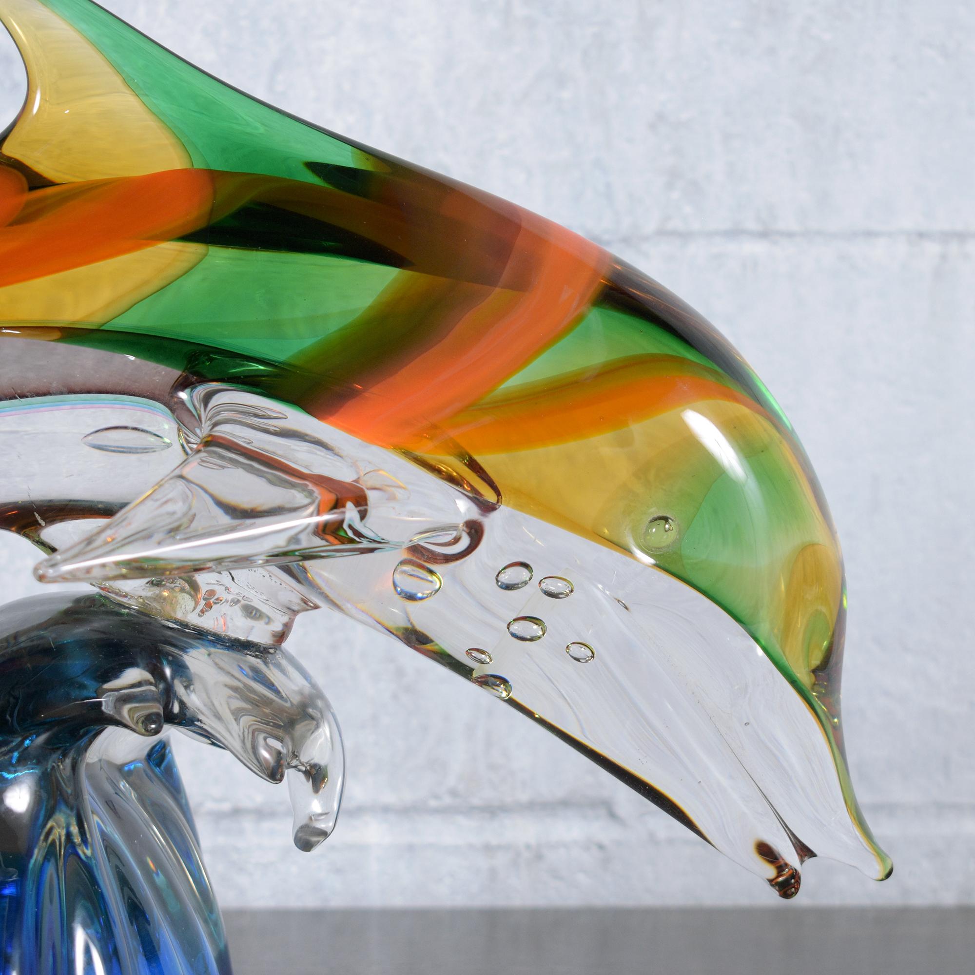 Art Glass Murano Glass Dolphin Sculpture on Blue Wave Base: Multicolored Artistry For Sale