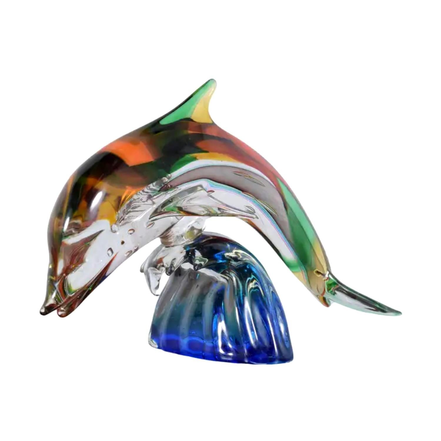 Murano Glass Dolphin Sculpture on Blue Wave Base: Multicolored Artistry For Sale 1