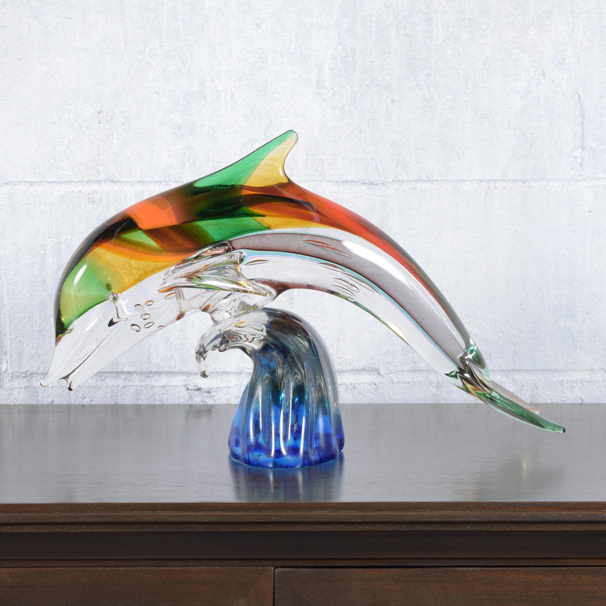 Murano Glass Dolphin Sculpture on Blue Wave Base: Multicolored Artistry For Sale 2
