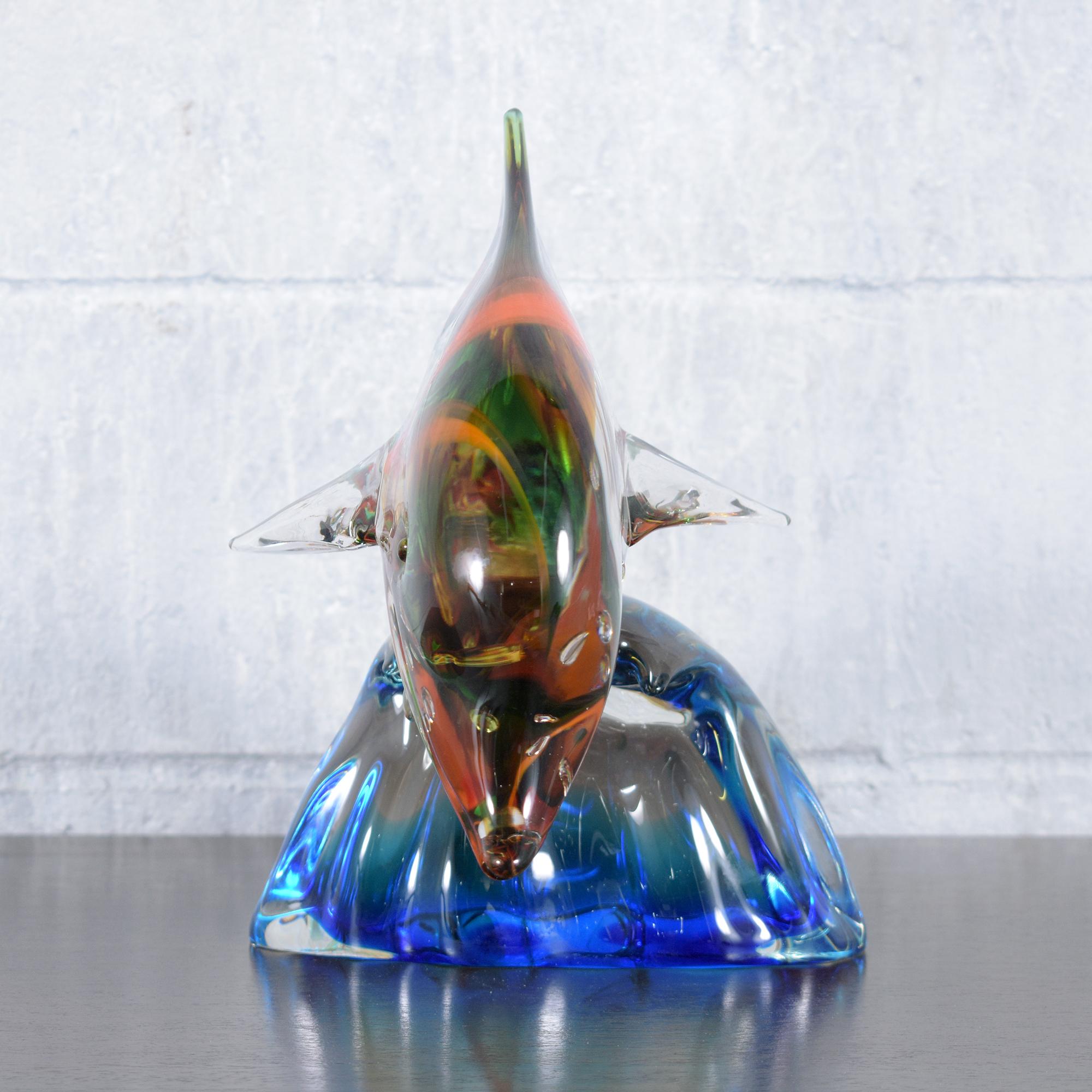 Murano Glass Dolphin Sculpture on Blue Wave Base: Multicolored Artistry For Sale 3