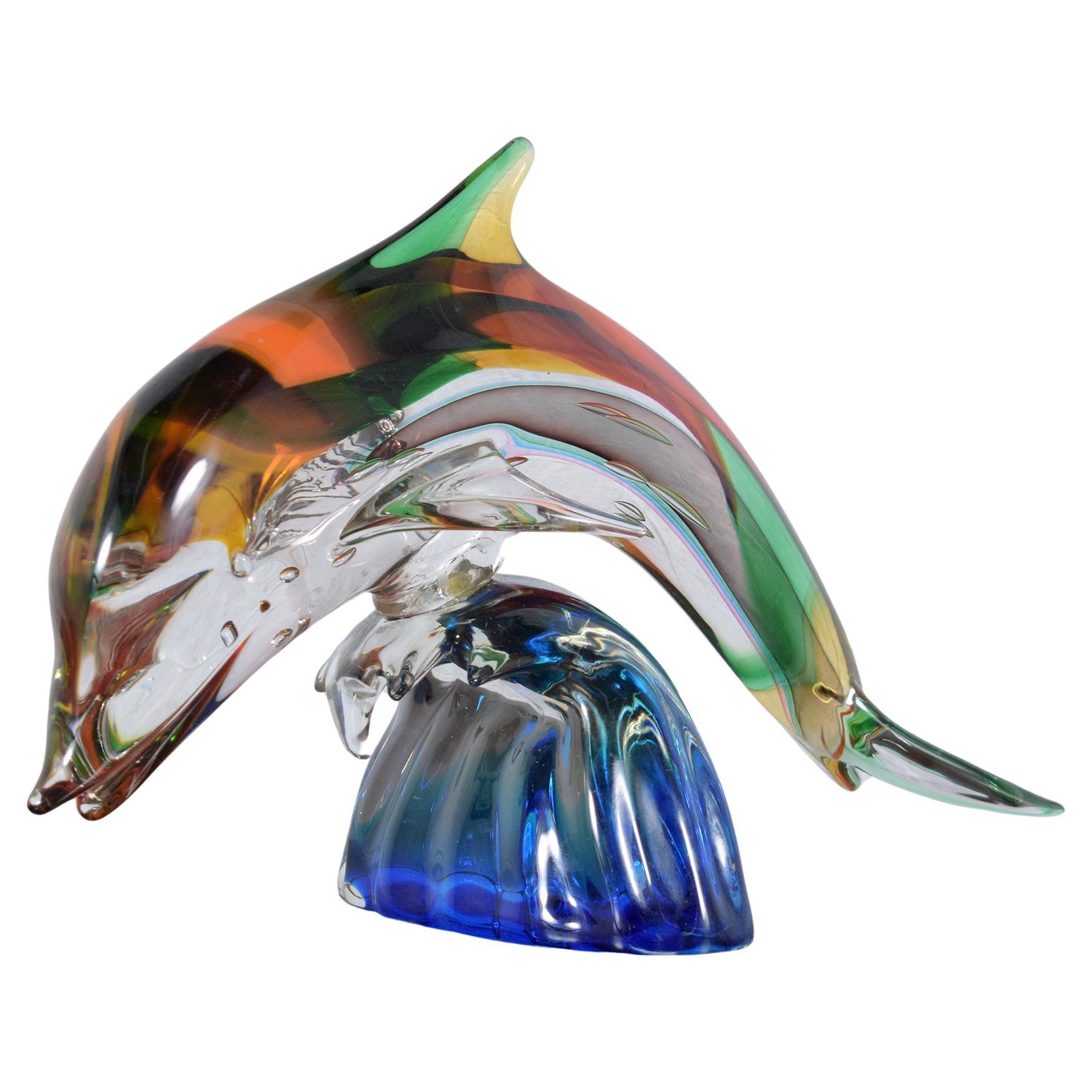 Murano Glass Dolphin Sculpture on Blue Wave Base: Multicolored Artistry For Sale