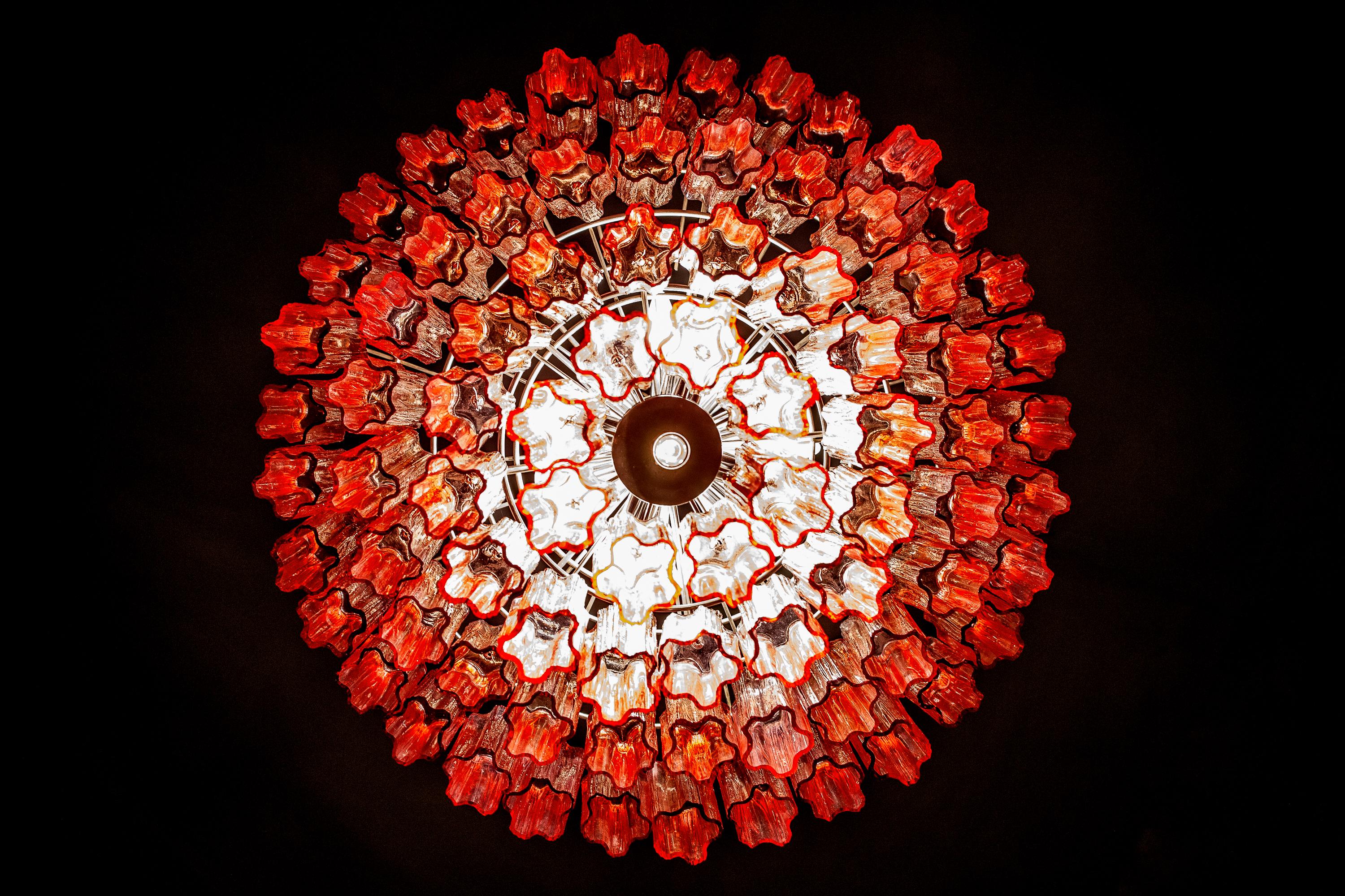 Mid-Century Modern Stunning Murano Glass Fuchsia Red Tronchi Chandelier Tony Zuccheri, Venini, 1970