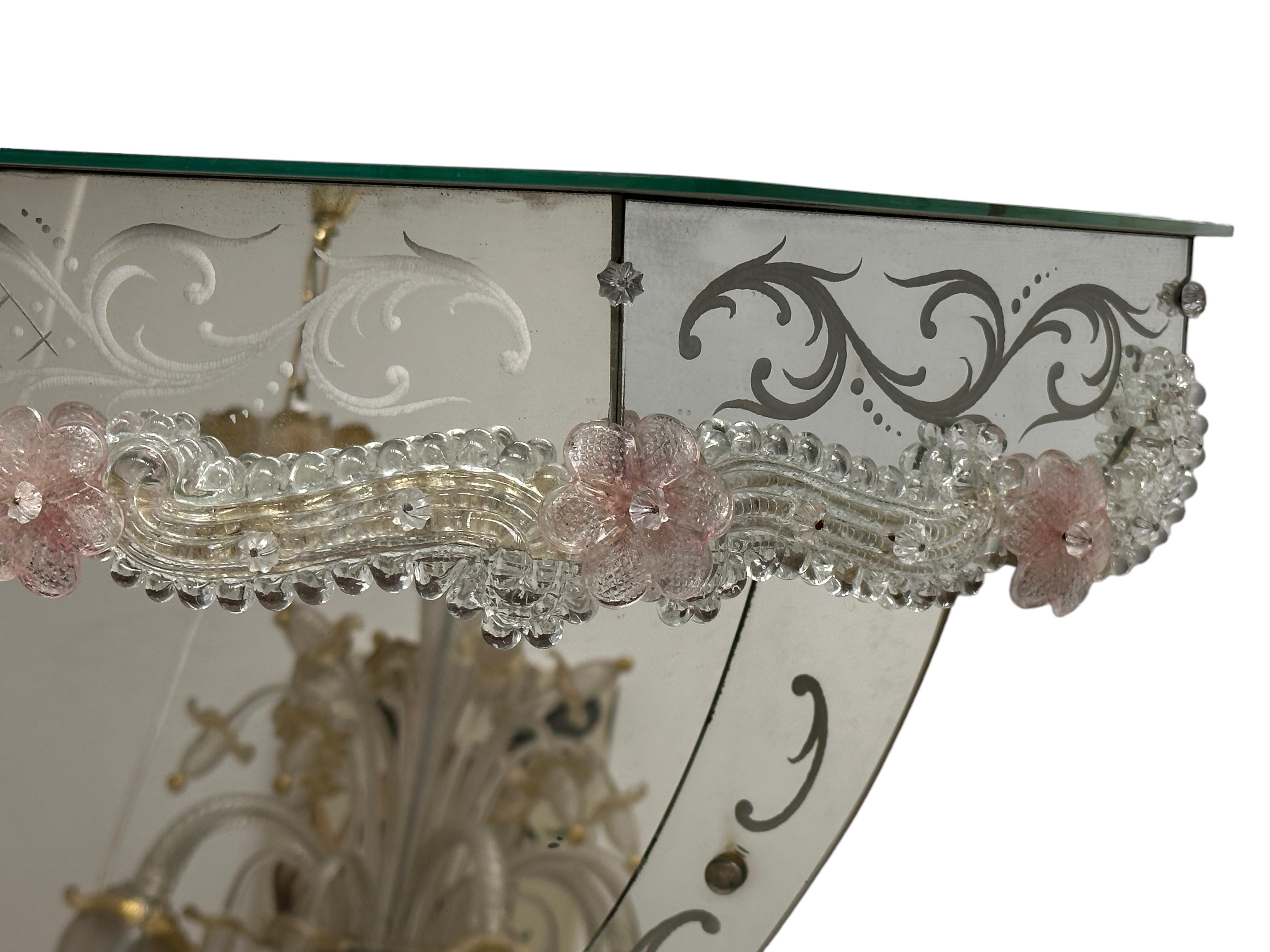 Stunning Murano Glass Mirrored Wall Console Pink Flowers, 1950s Italy 3