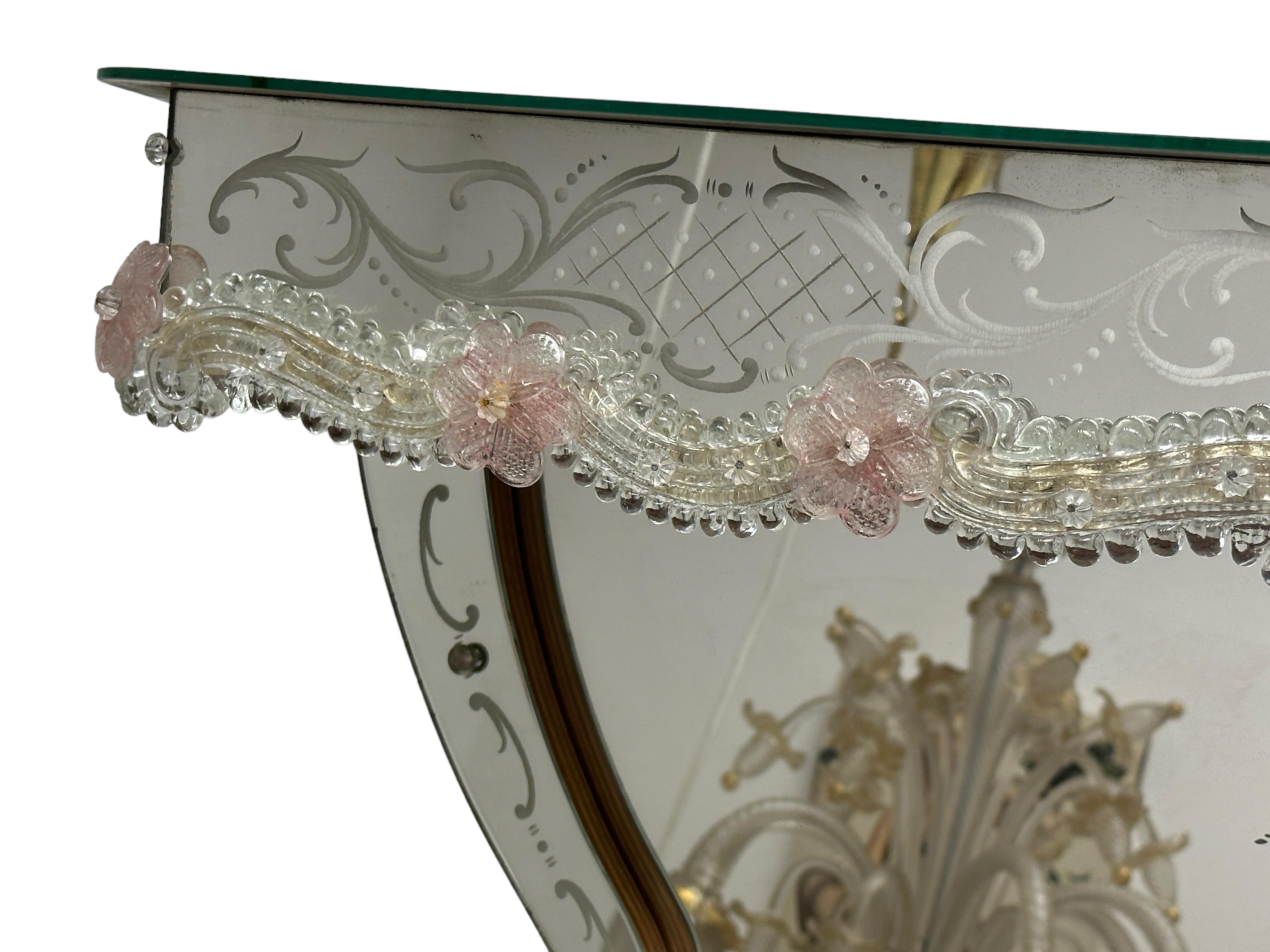 Stunning Murano Glass Mirrored Wall Console Pink Flowers, 1950s Italy 5