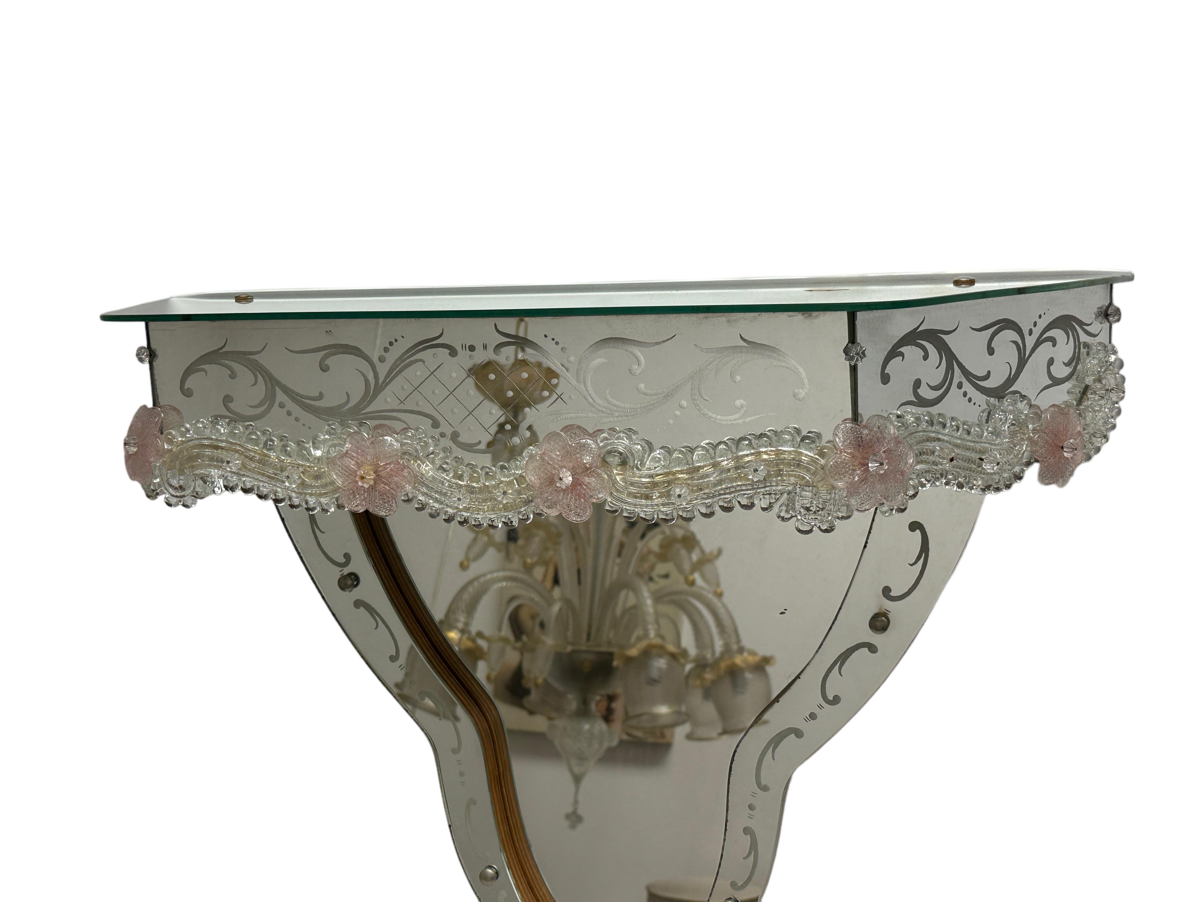 Stunning Murano Glass Mirrored Wall Console Pink Flowers, 1950s Italy 7