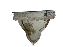 Splendida console da parete in vetro di Murano con specchio e fiori rosa, anni '50, Italia