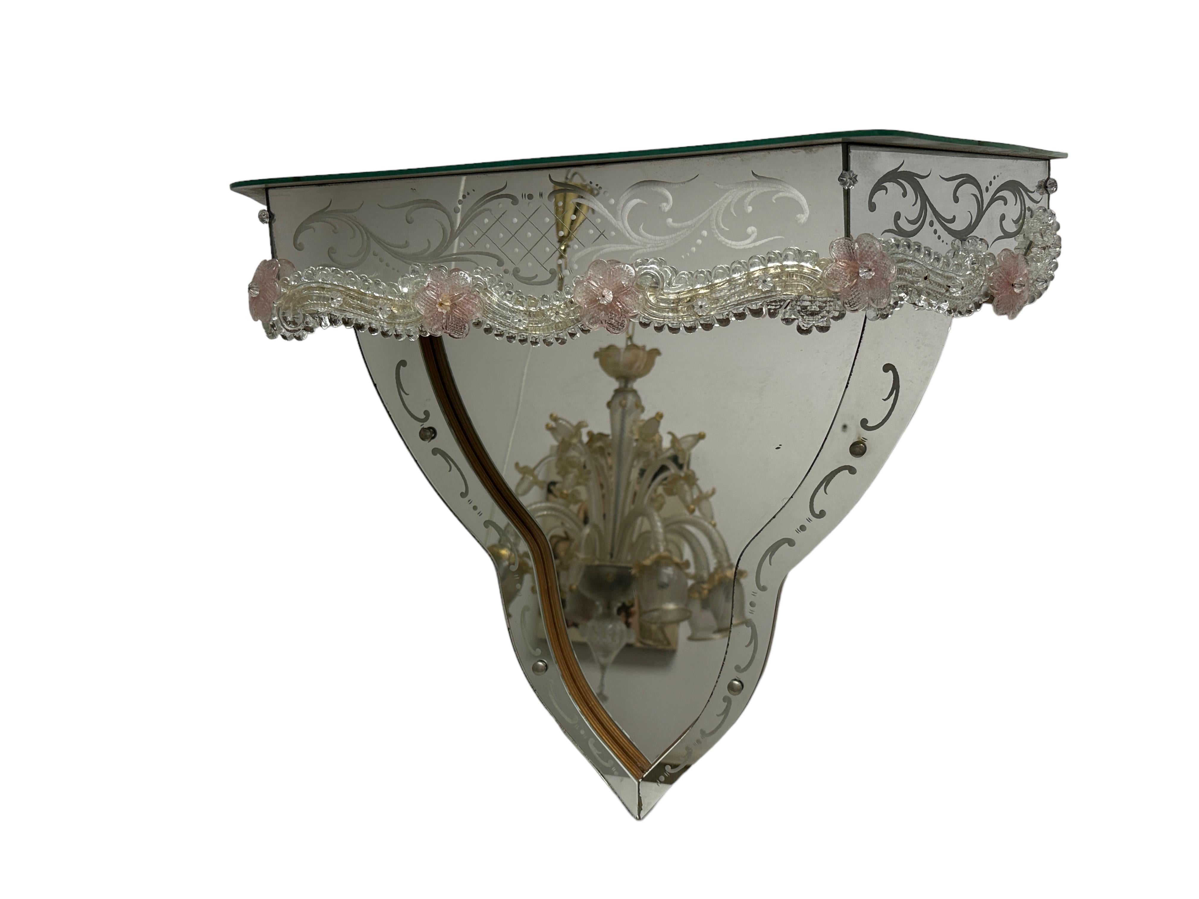 Hollywood Regency Stunning Murano Glass Mirrored Wall Console Pink Flowers, 1950s Italy