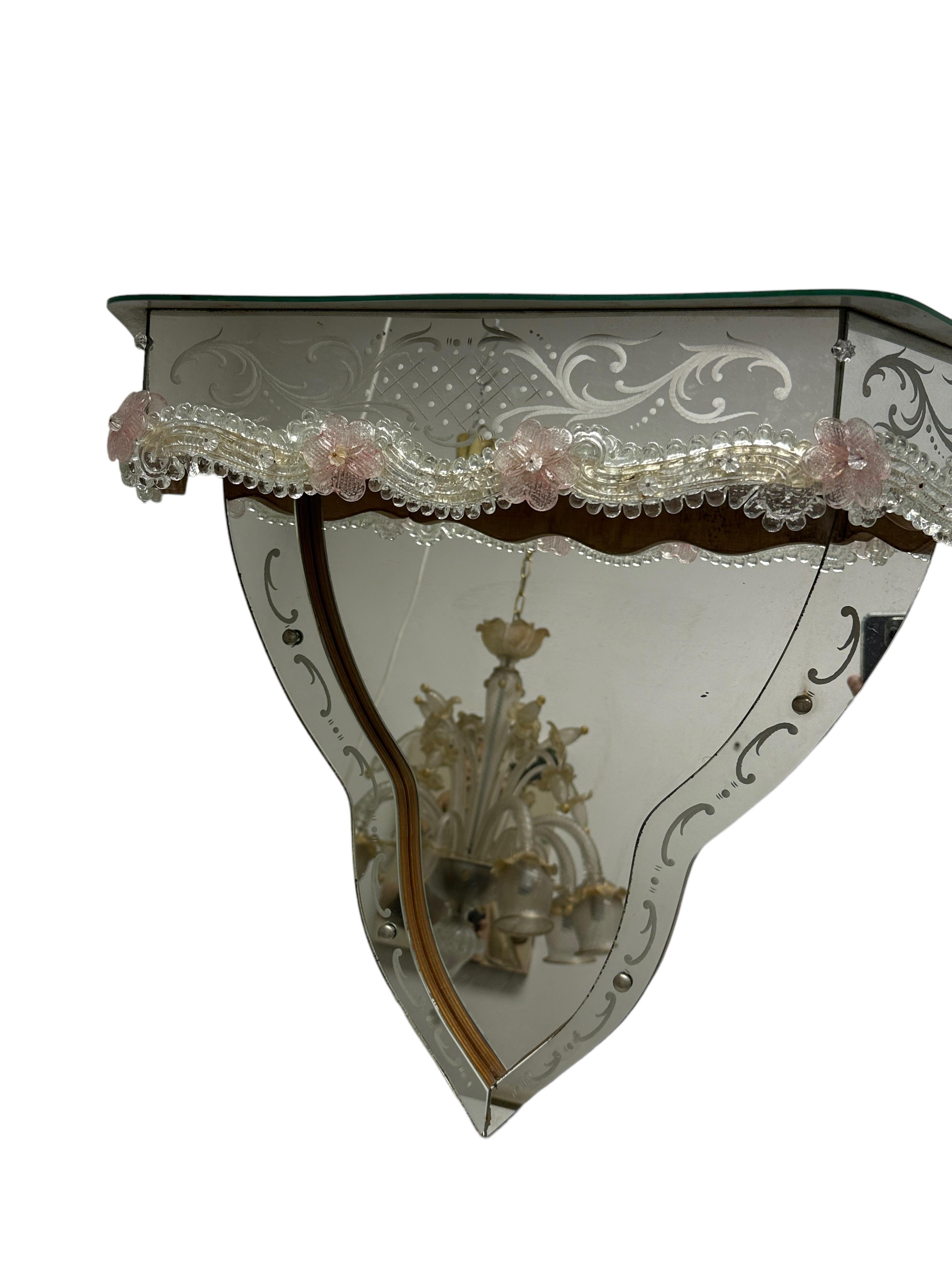 Hand-Crafted Stunning Murano Glass Mirrored Wall Console Pink Flowers, 1950s Italy