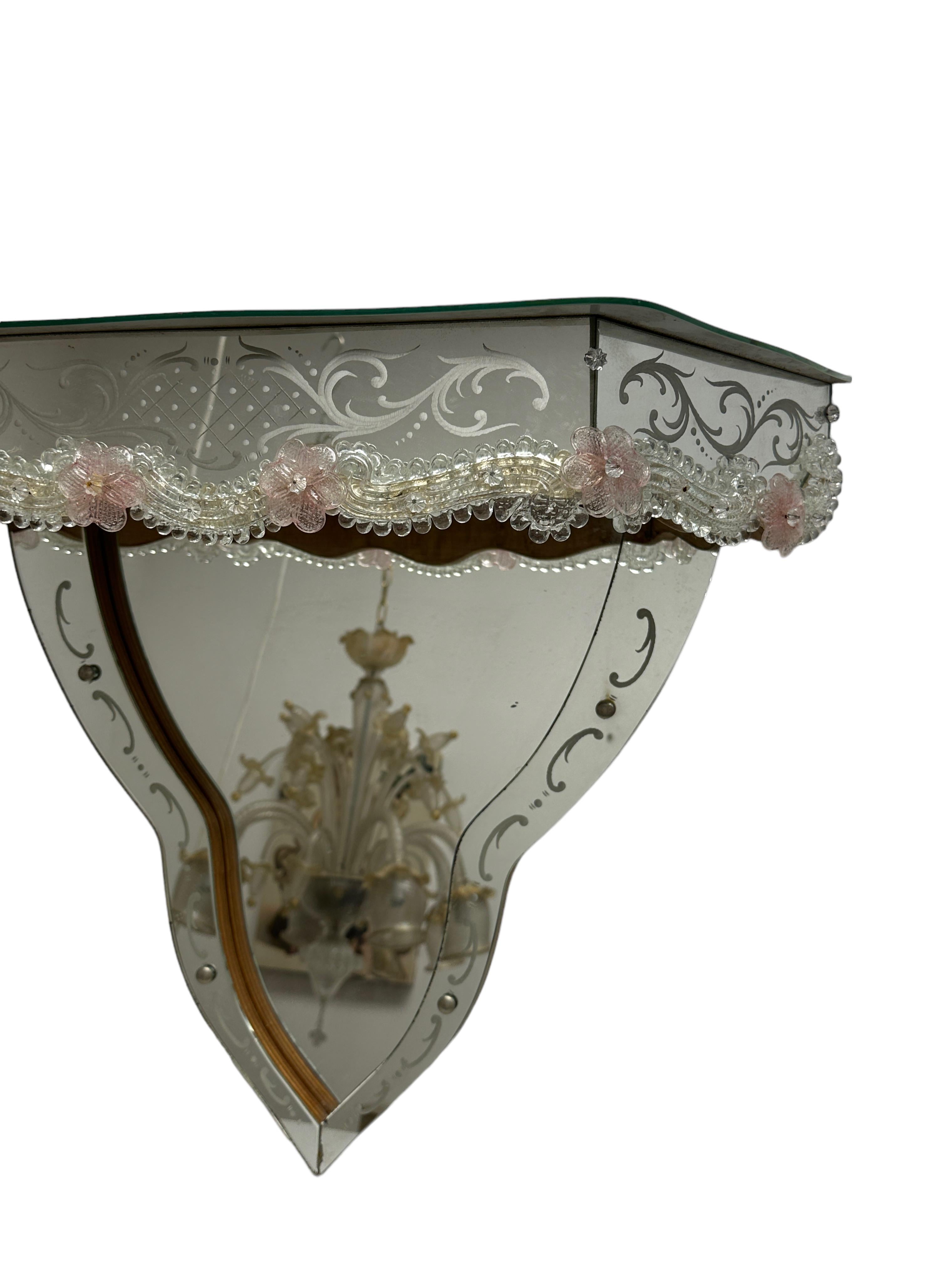 Stunning Murano Glass Mirrored Wall Console Pink Flowers, 1950s Italy In Good Condition In Nuernberg, DE