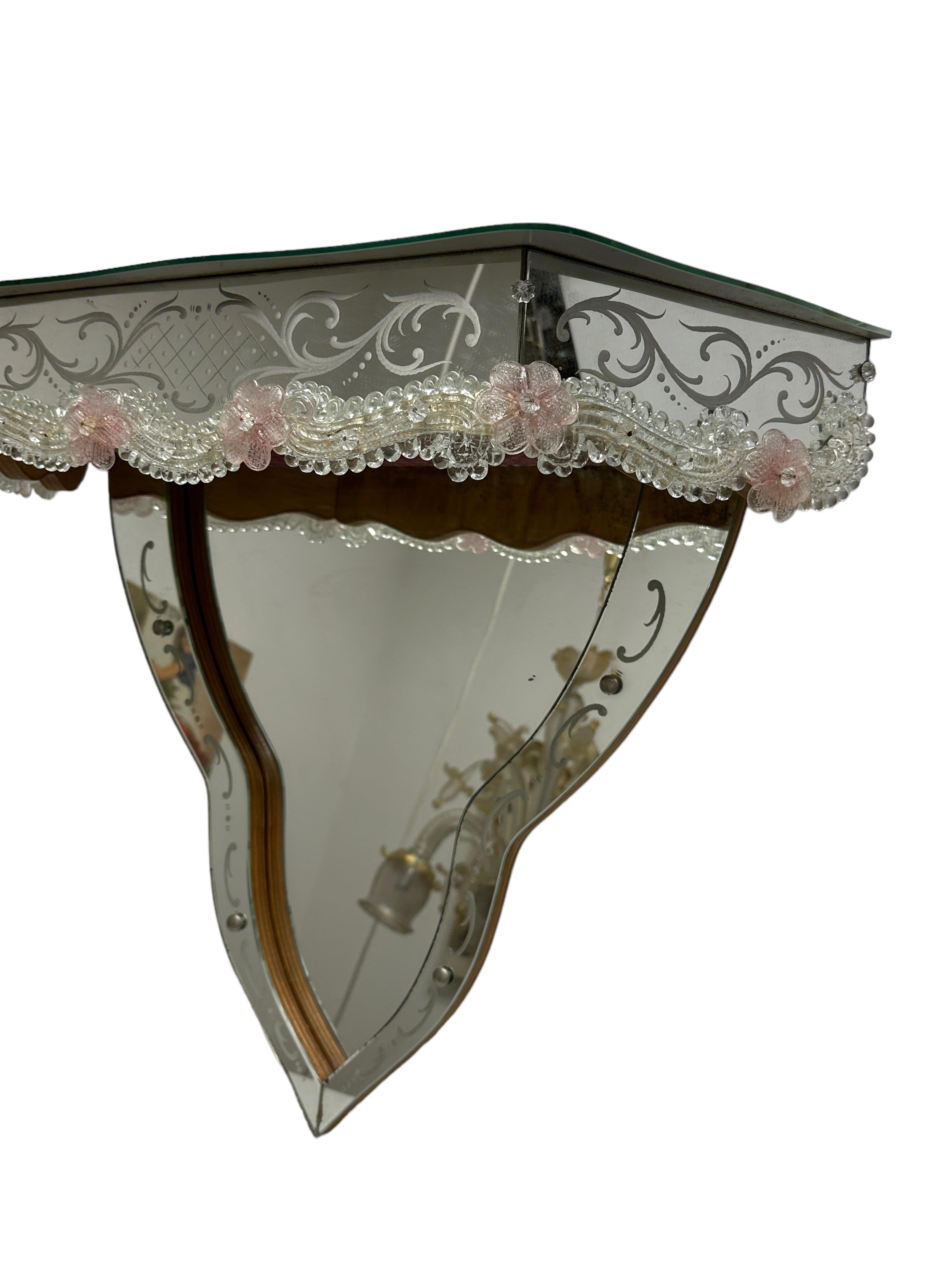 Mid-20th Century Stunning Murano Glass Mirrored Wall Console Pink Flowers, 1950s Italy