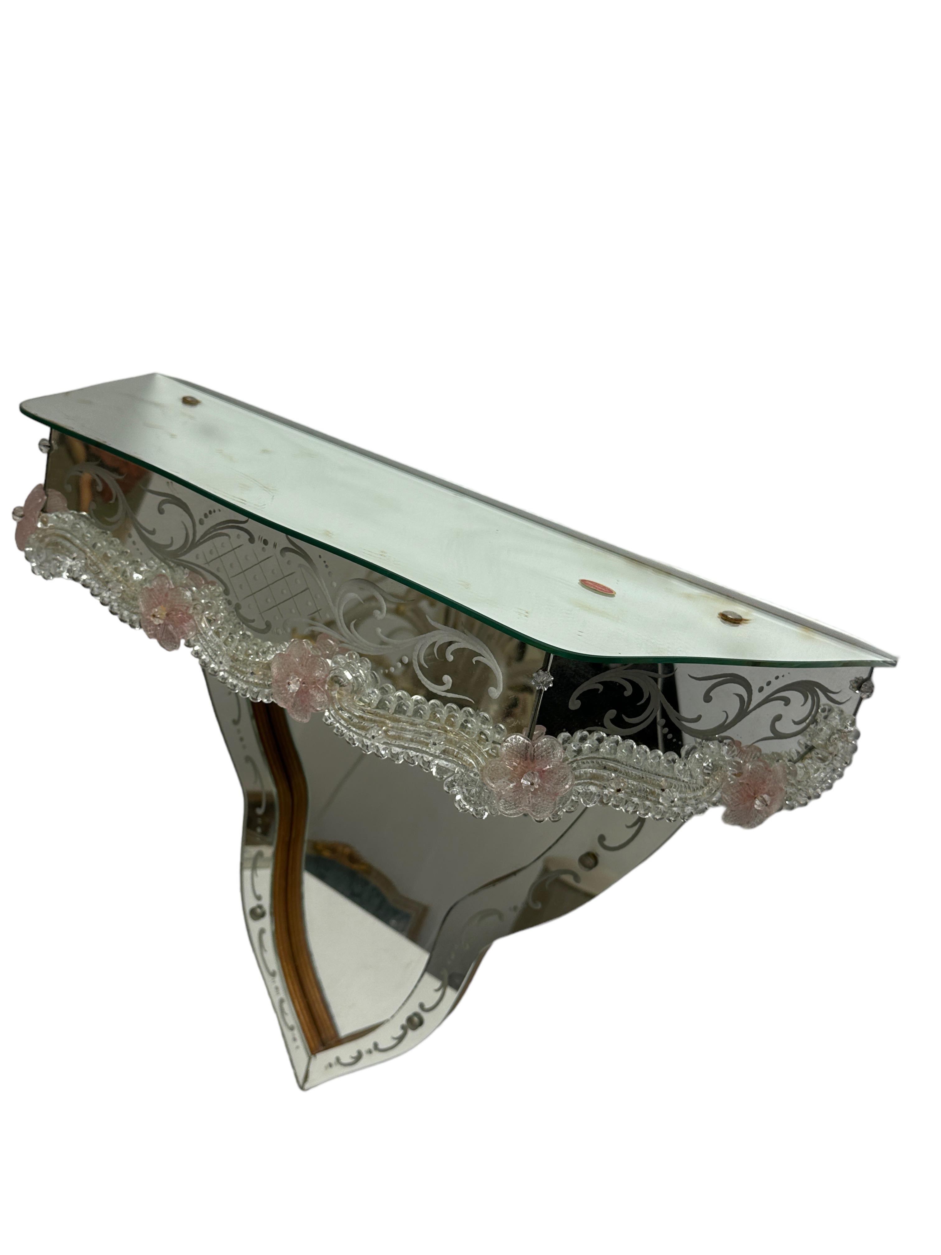 Stunning Murano Glass Mirrored Wall Console Pink Flowers, 1950s Italy 1