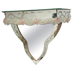 Stunning Murano Glass Mirrored Wall Console Pink Flowers, 1950s Italy