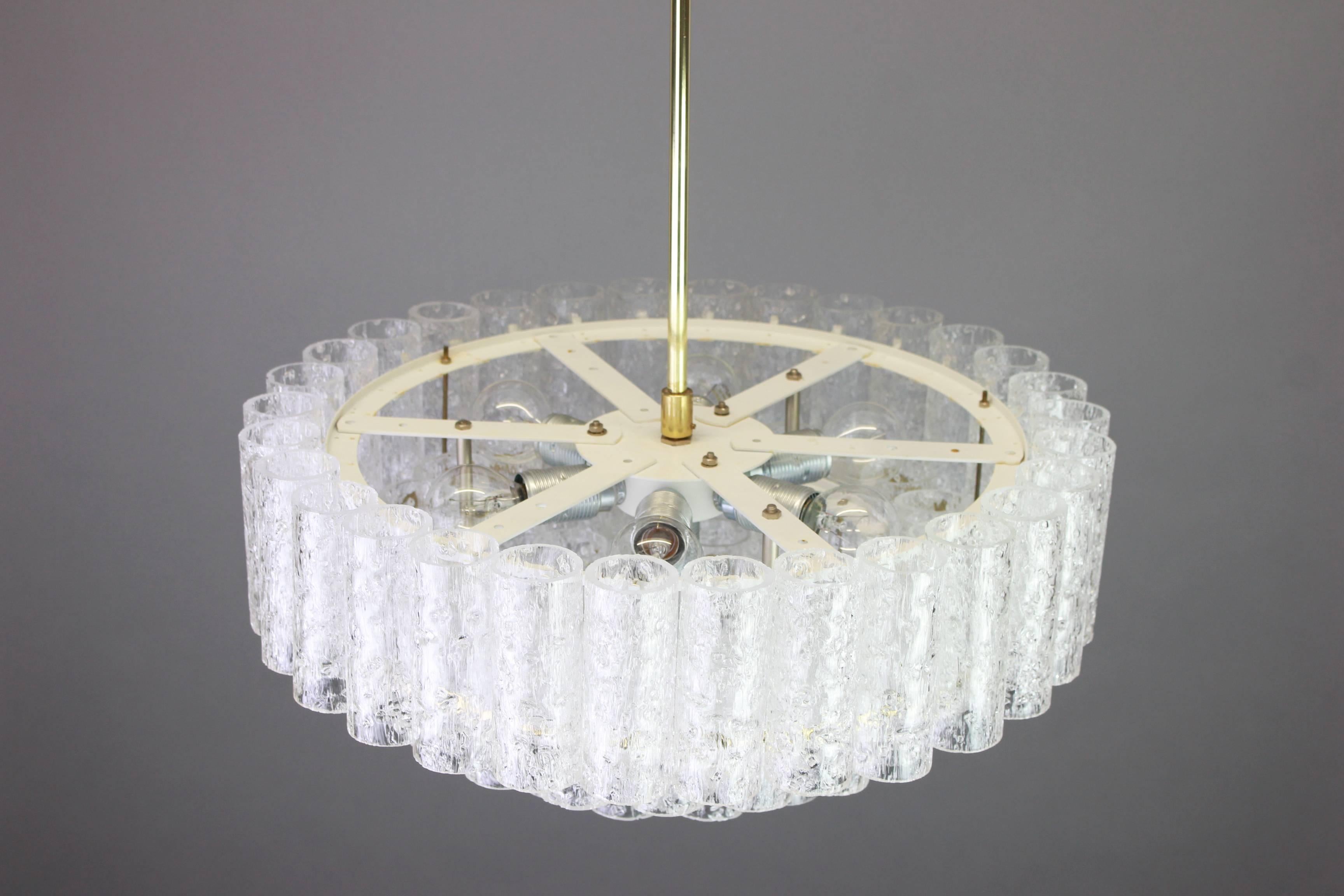 Brass 1 of 3 Stunning Murano Ice Glass Tubes Chandelier by Doria, Germany, 1960s For Sale