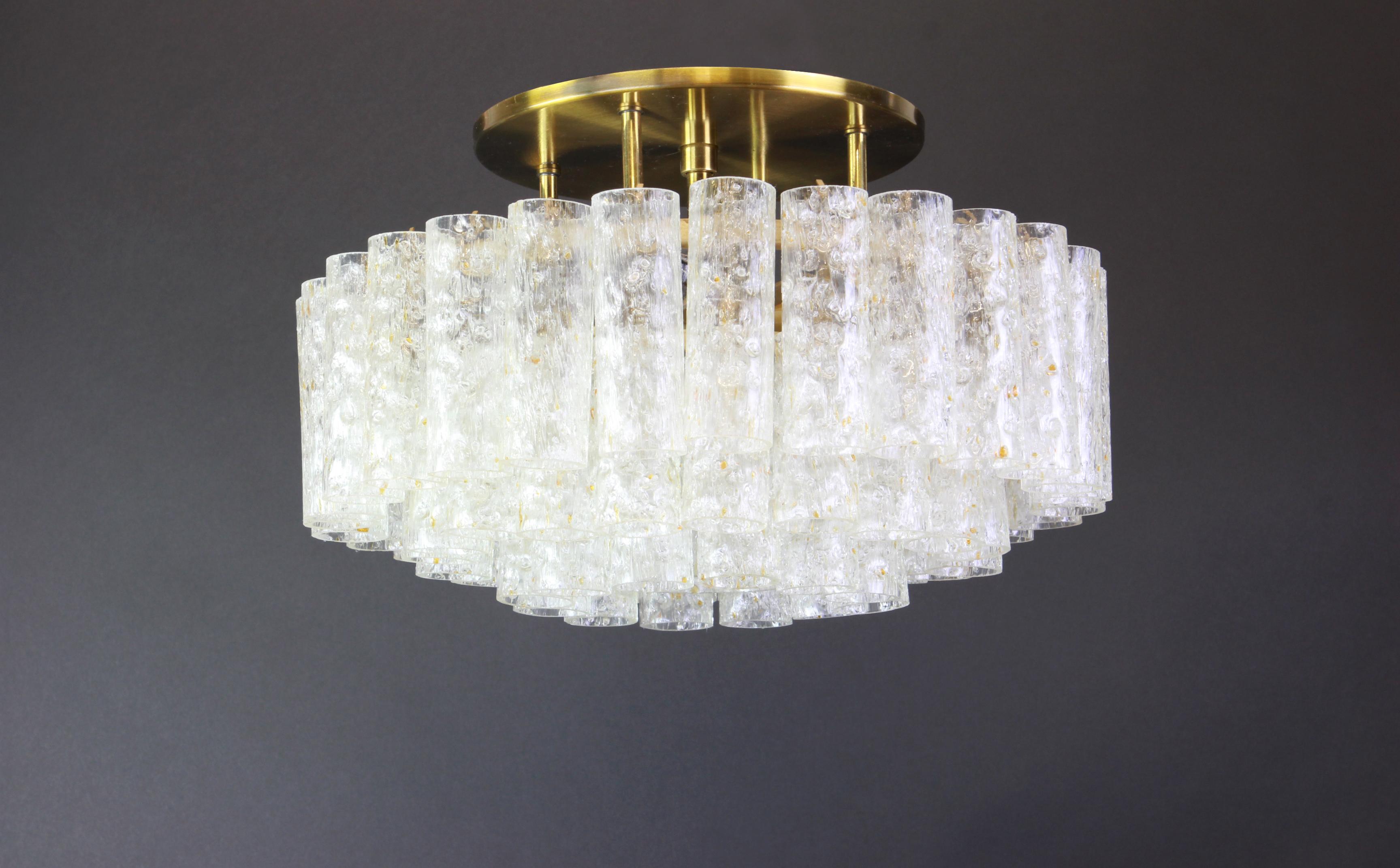 Brass Stunning Murano Ice Glass Tubes Flush Mount by Doria, Germany, 1960s