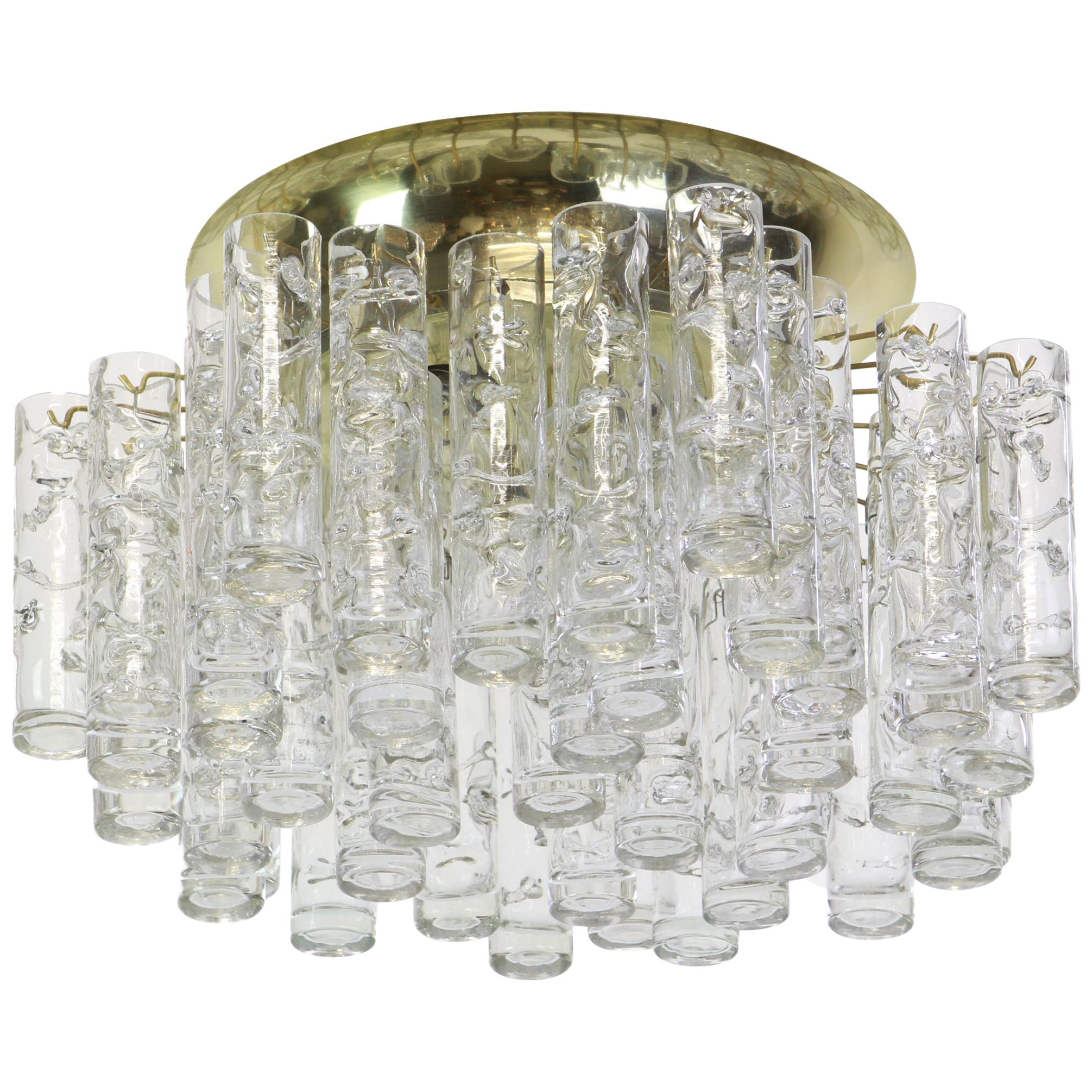 Stunning Murano Ice Glass Tubes Flush Mount by Doria, Germany, 1960s