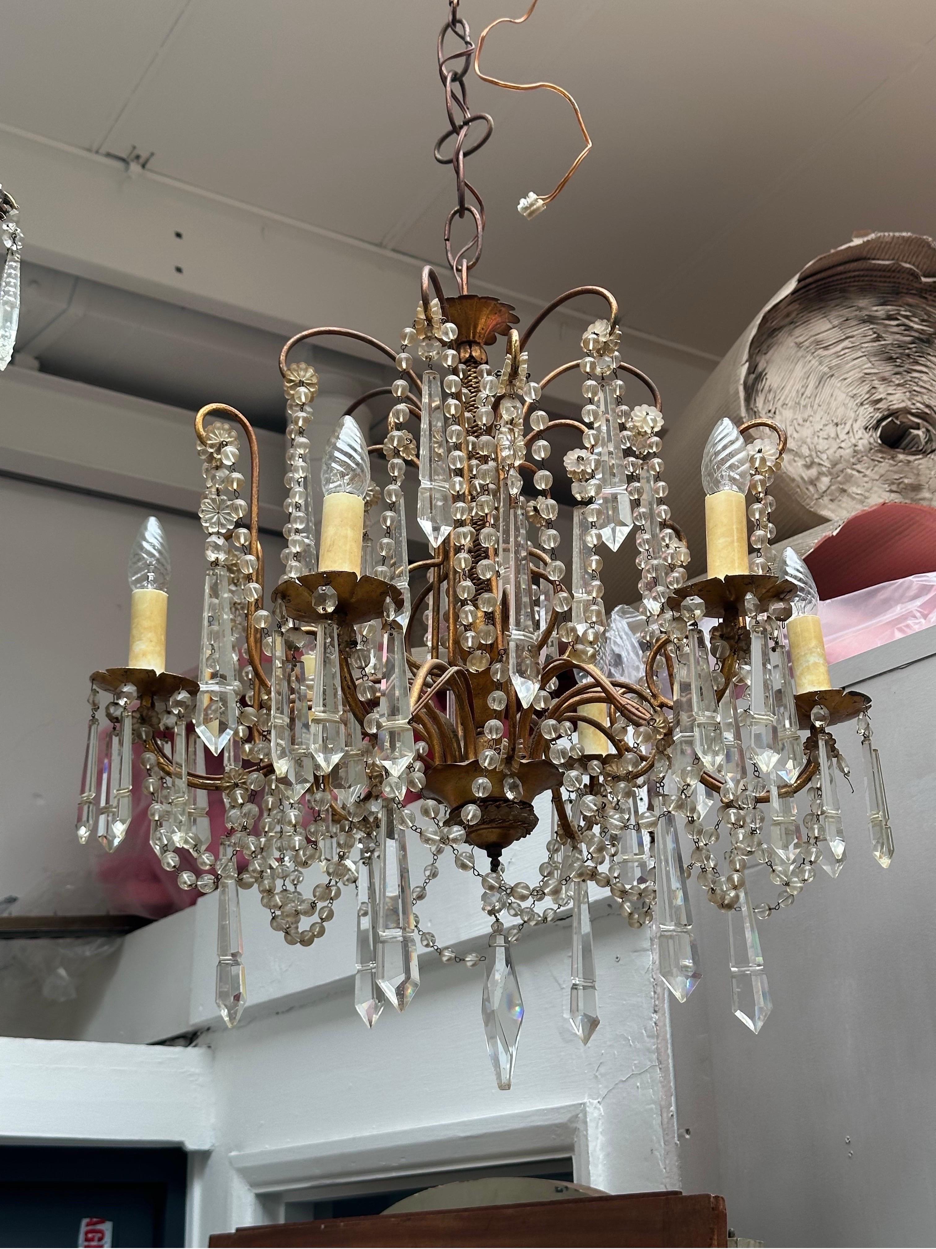 20th Century Stunning Murano Italian gilt metal crystal chandelier  For Sale