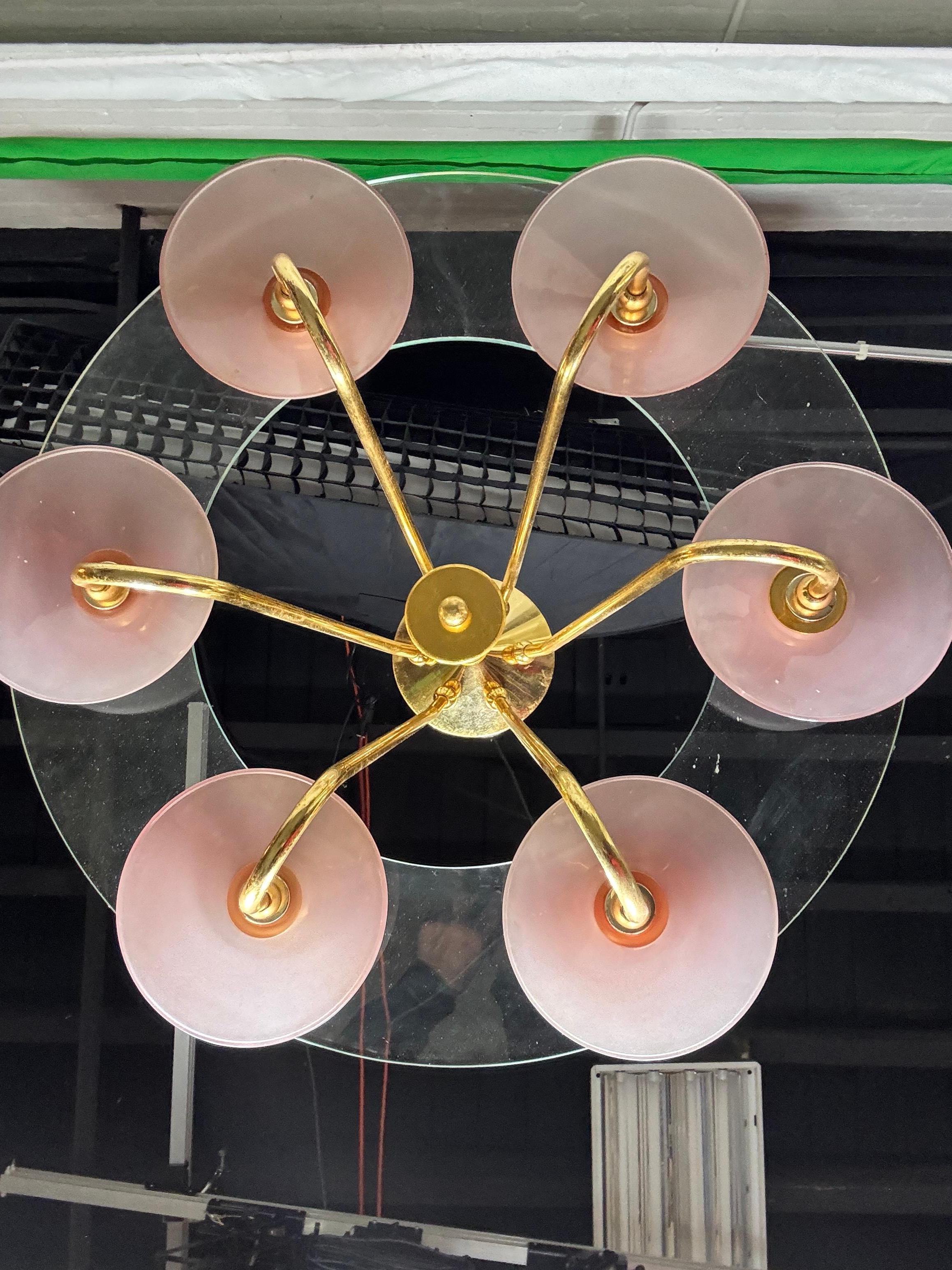 Mid-Century Modern Stunning Murano Italian Pink Glass and Brass 6 -arm Chandelier For Sale