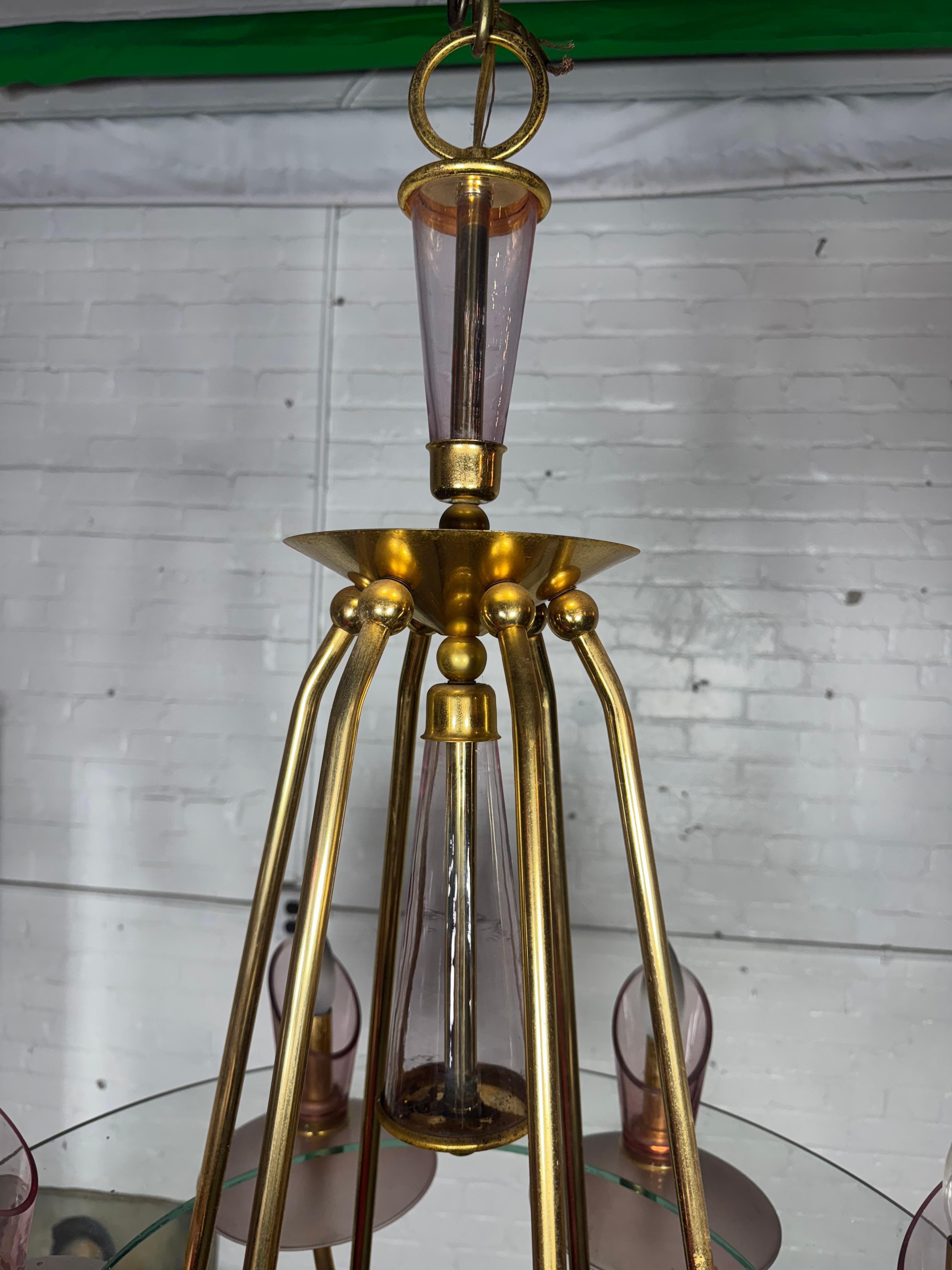 Stunning Murano Italian Pink Glass and Brass 6 -arm Chandelier In Good Condition For Sale In Buffalo, NY