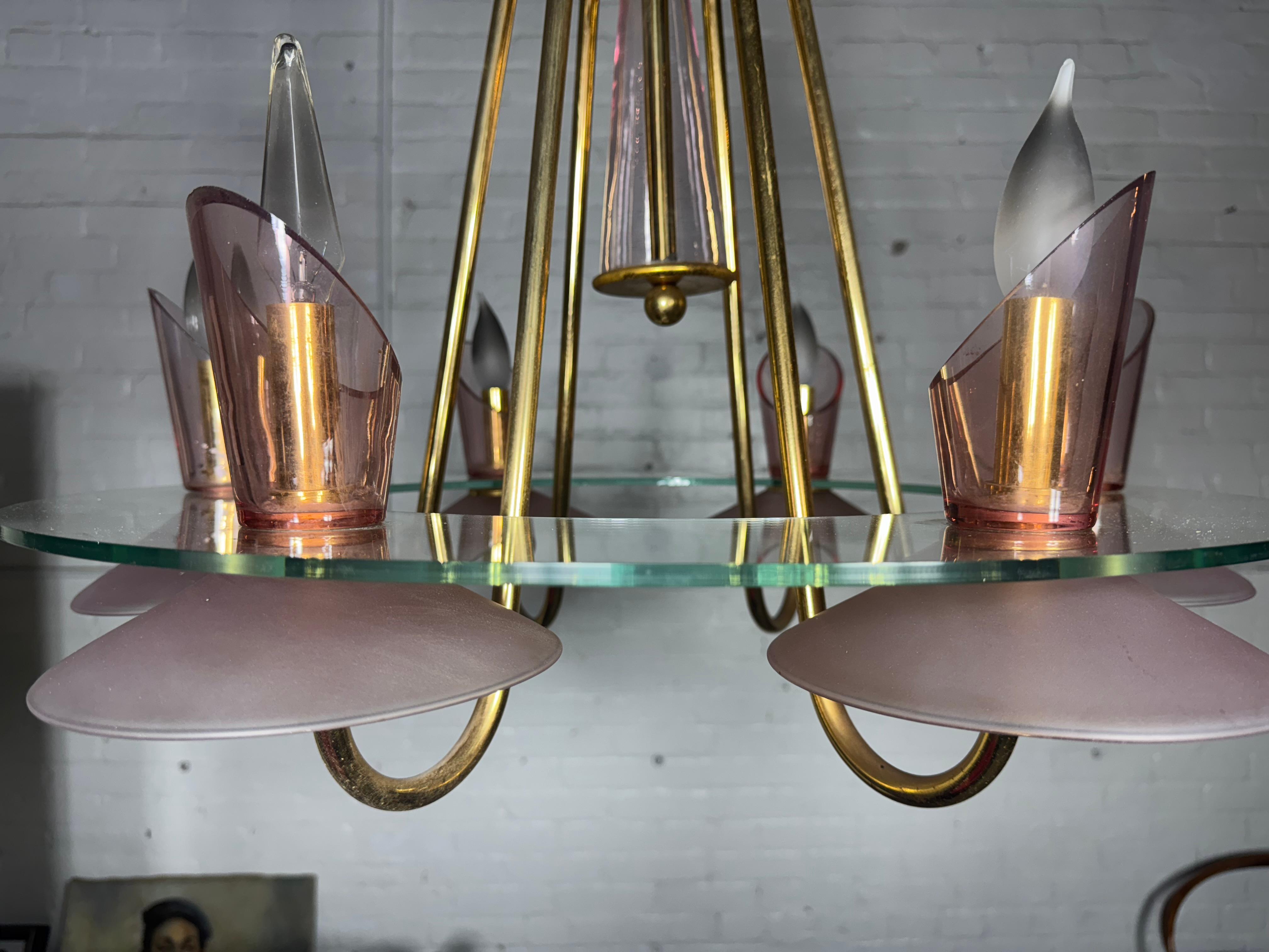 Mid-20th Century Stunning Murano Italian Pink Glass and Brass 6 -arm Chandelier For Sale