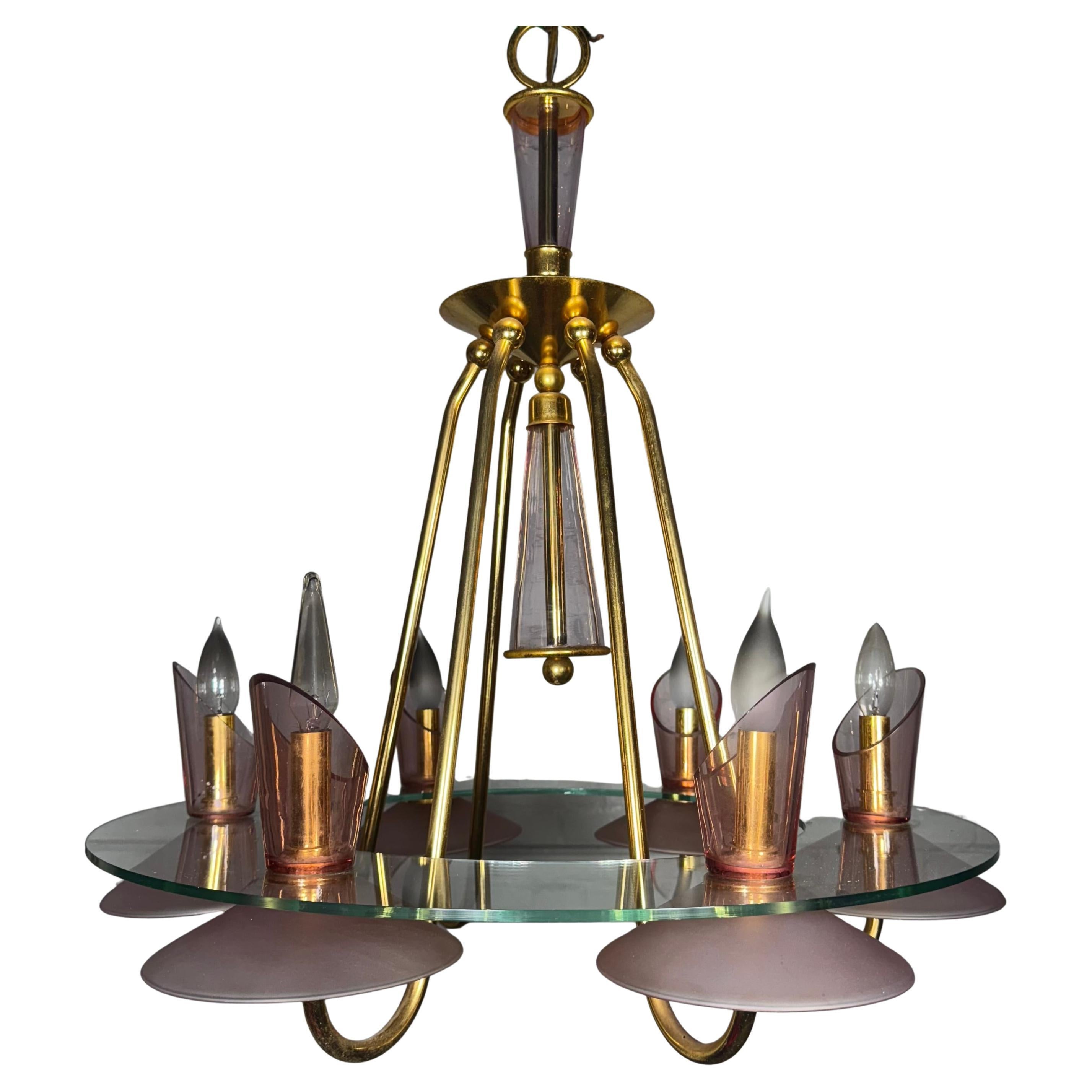 Stunning Murano Italian Pink Glass and Brass 6 -arm Chandelier