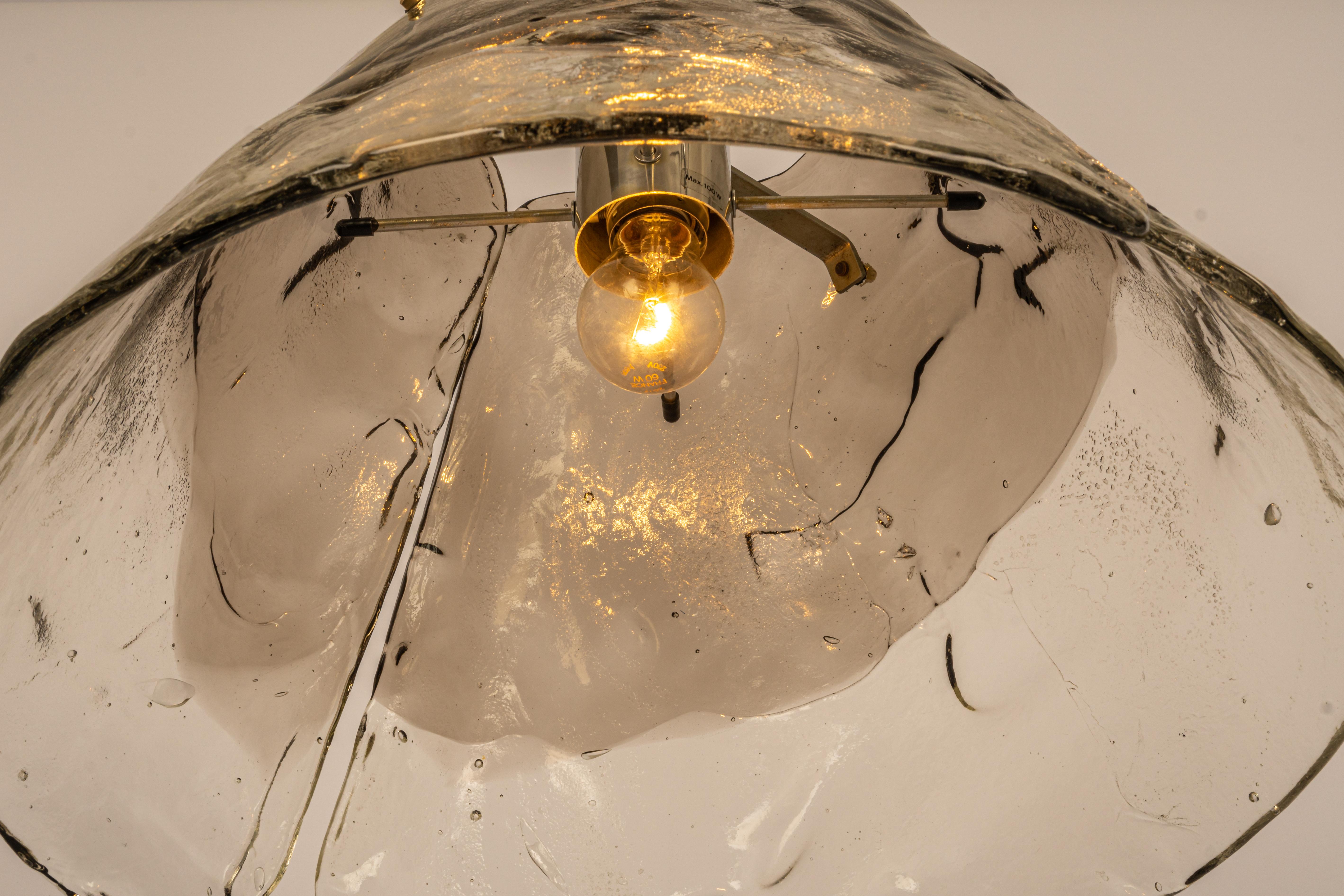 Splendida lampada a sospensione floreale con due petali in vetro di Murano marrone e trasparente realizzati a mano e sostenuti da una struttura in metallo, nello stile di Carlo Nason per Kalmar, negli anni '70.

Di qualità pesante e in ottime