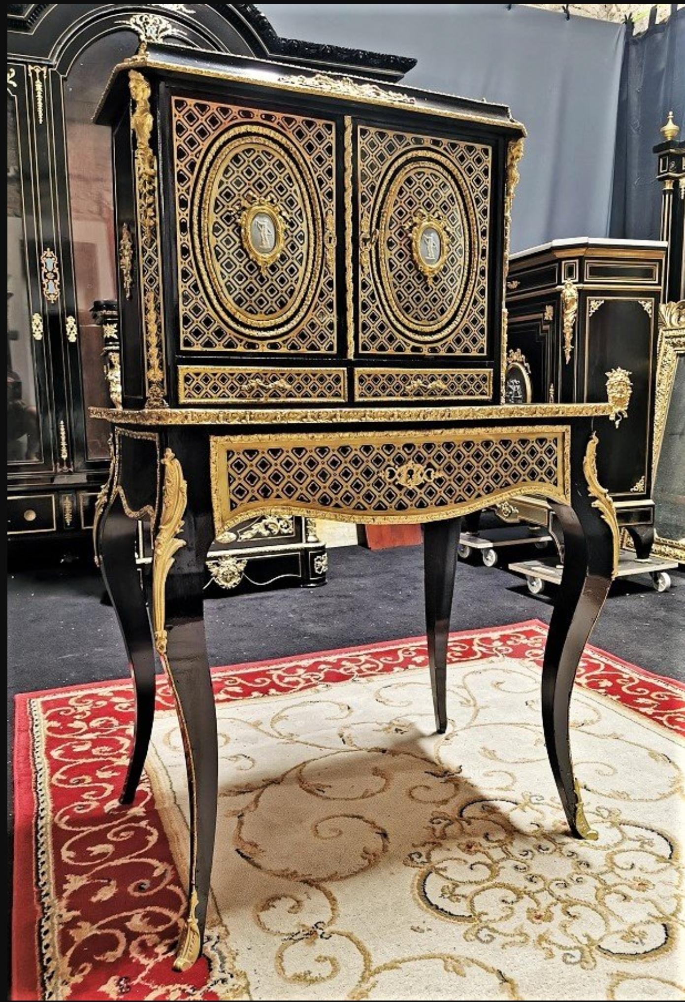 French Stunning Napoleon III Wedgewood Boulle Marquetry Secretary Cabinet, France
