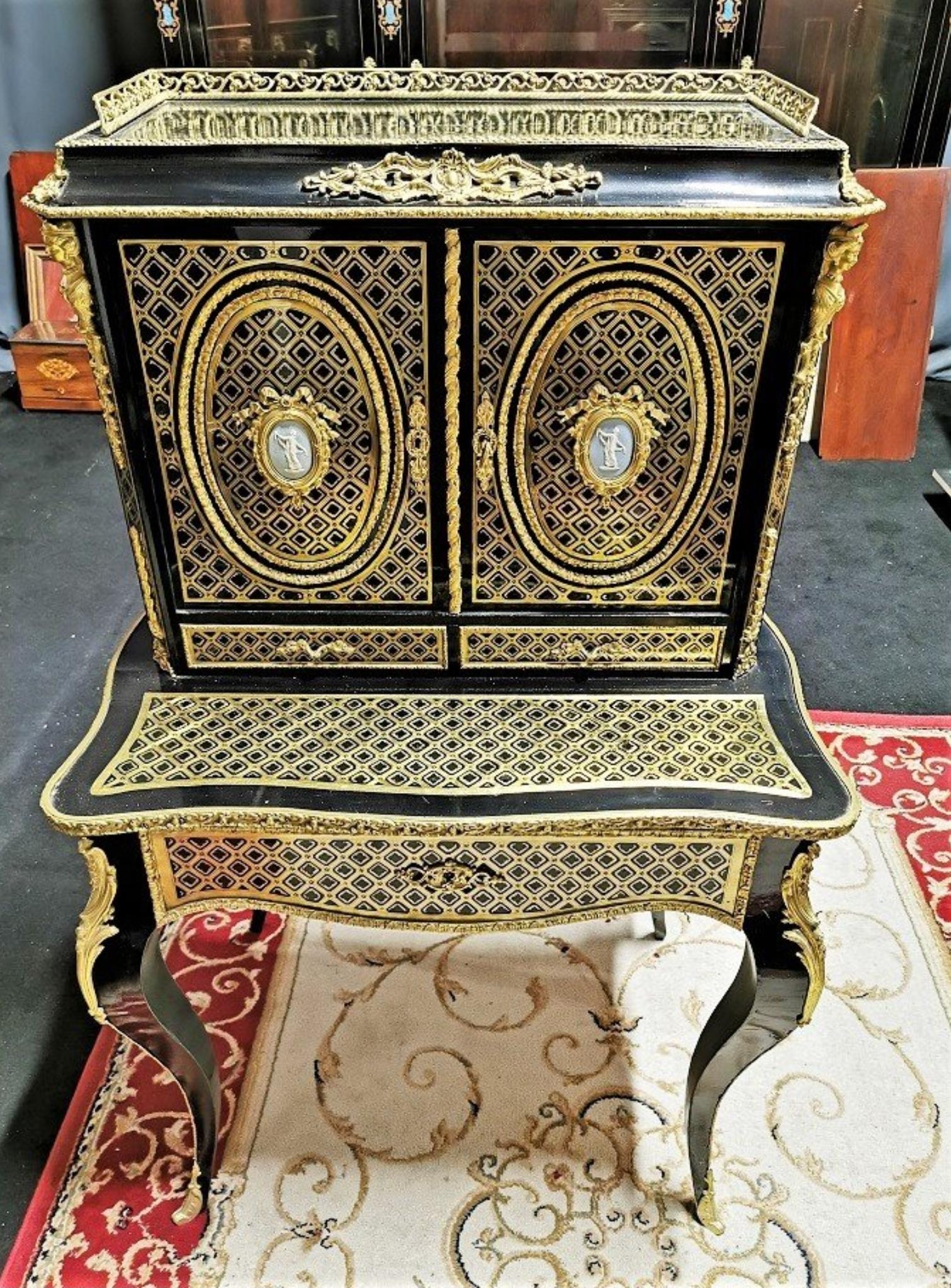 19th Century Stunning Napoleon III Wedgewood Boulle Marquetry Secretary Cabinet, France