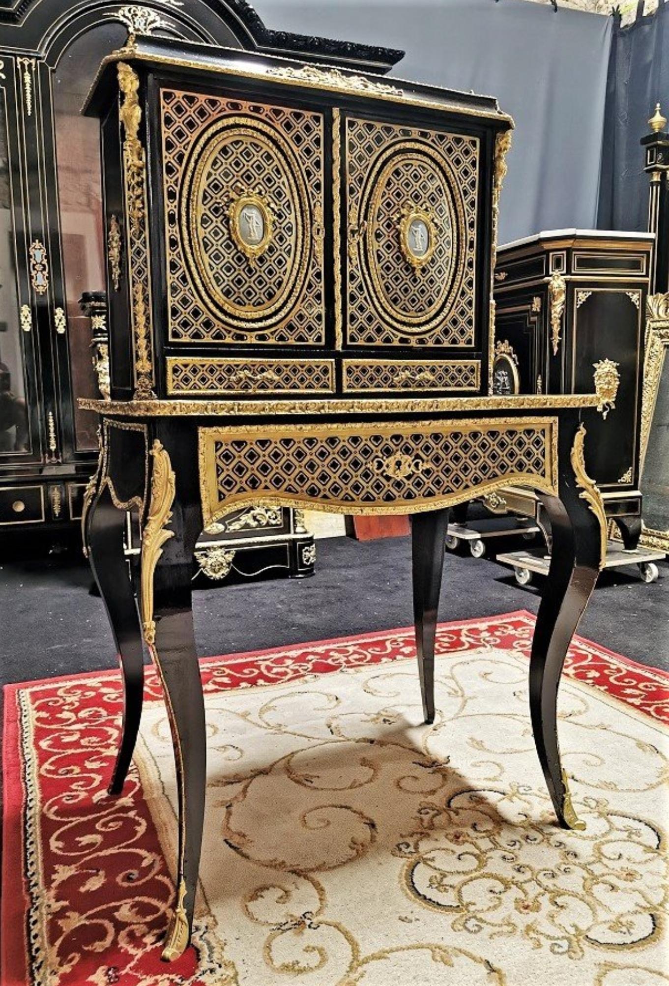 Brass Stunning Napoleon III Wedgewood Boulle Marquetry Secretary Cabinet, France