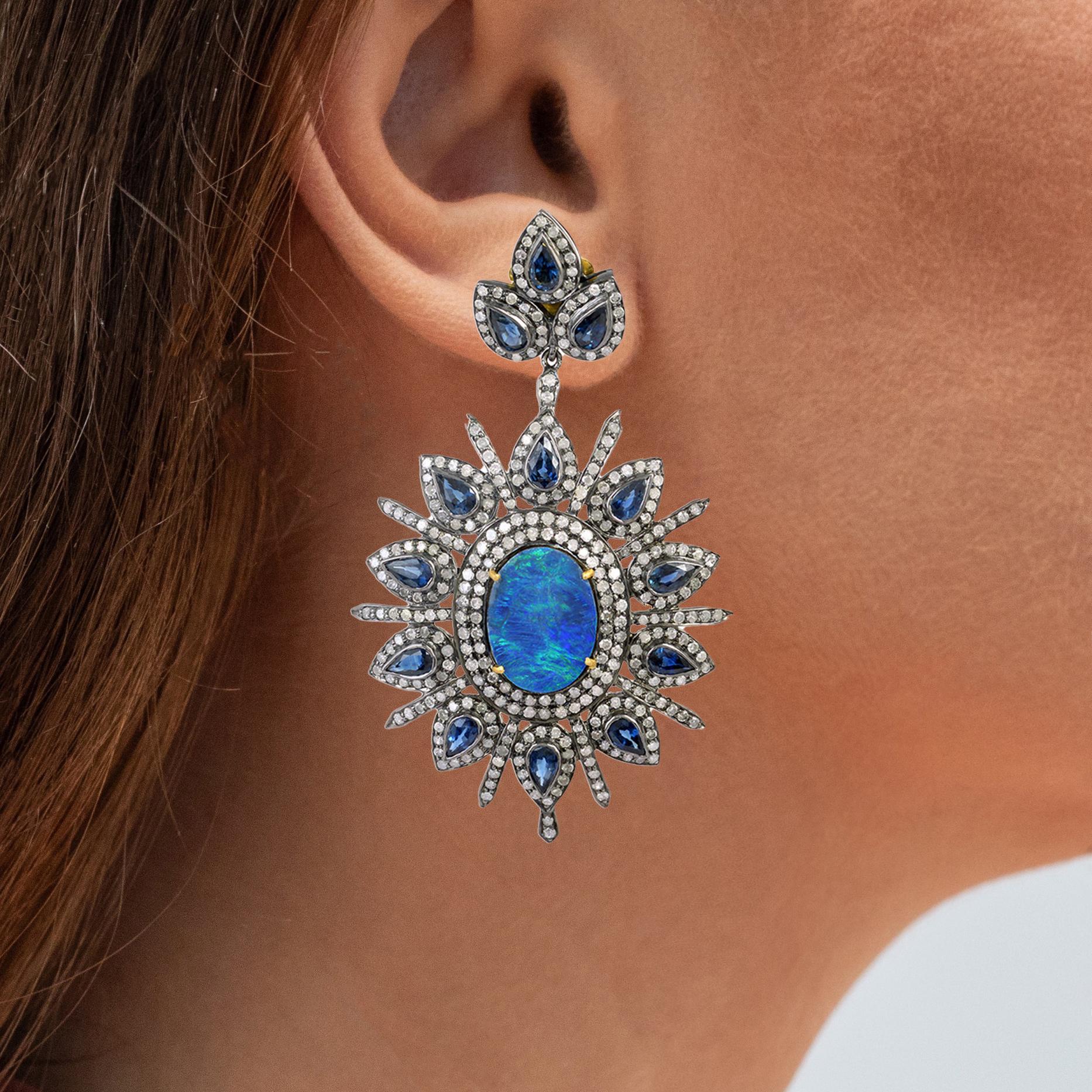 Art Deco Stunning Natural Black Opal Earrings Sapphires And Diamonds Cluster Setting For Sale