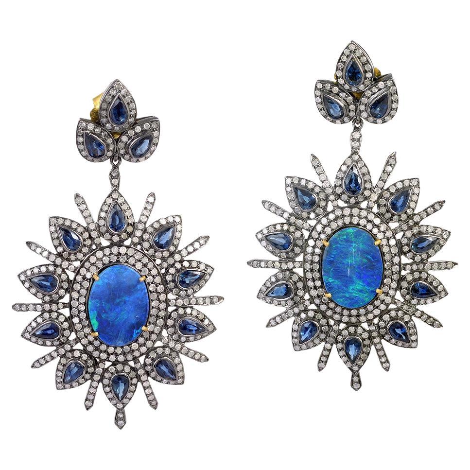 Stunning Natural Black Opal Earrings Sapphires And Diamonds Cluster Setting