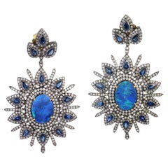 Vintage Stunning Natural Black Opal Earrings Sapphires And Diamonds Cluster Setting