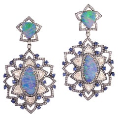 Stunning Natural Black Opal Sapphire and Diamond Dangle Earrings 18k Gold