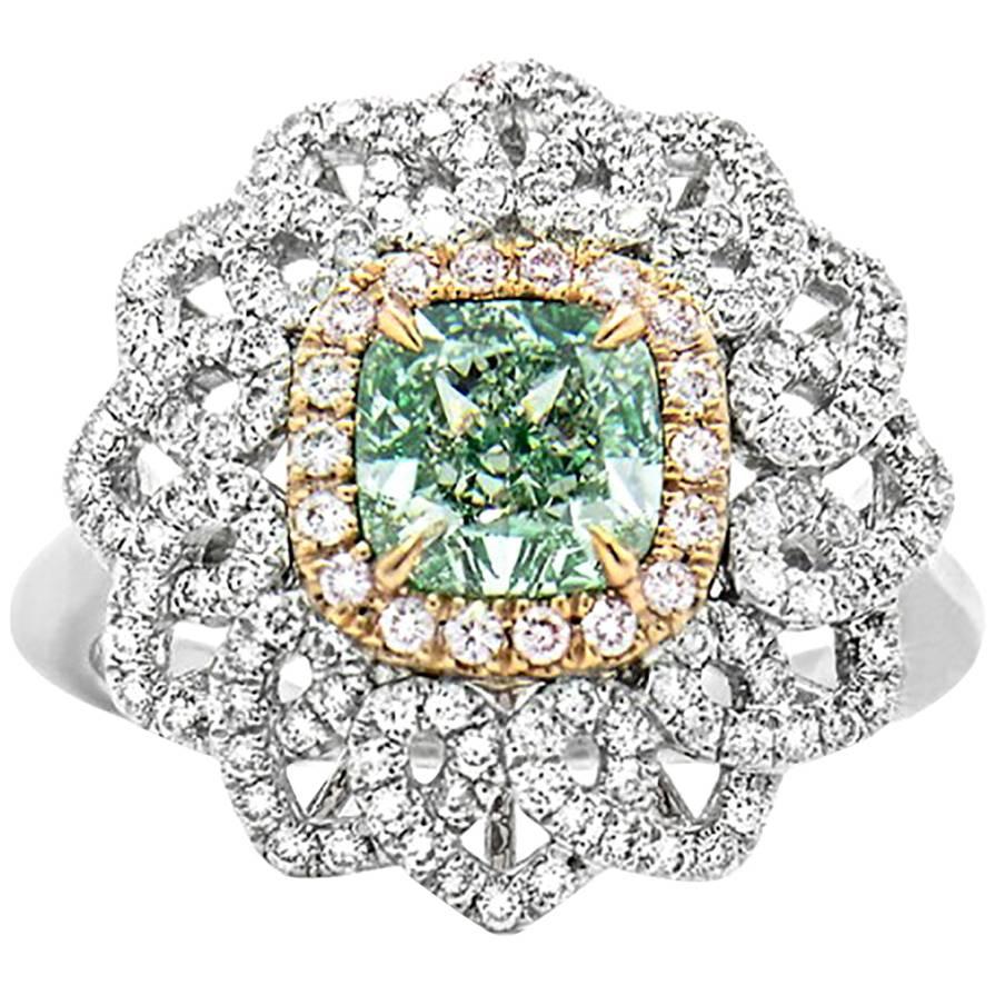 Stunning Natural Color Green Diamond Ring in 18 Karat Gold